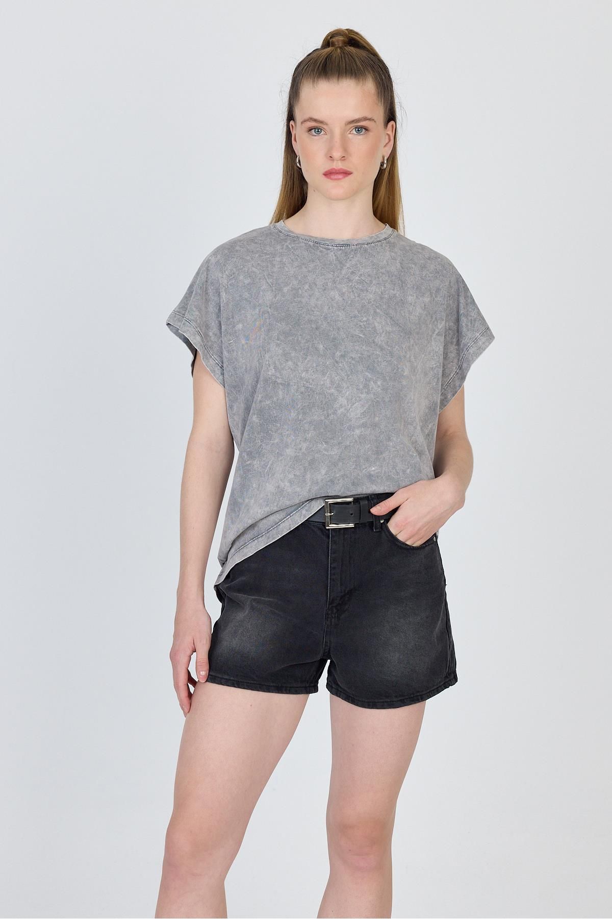 Rays Gri Yıkamalı Oversize Basic Tişört 253014