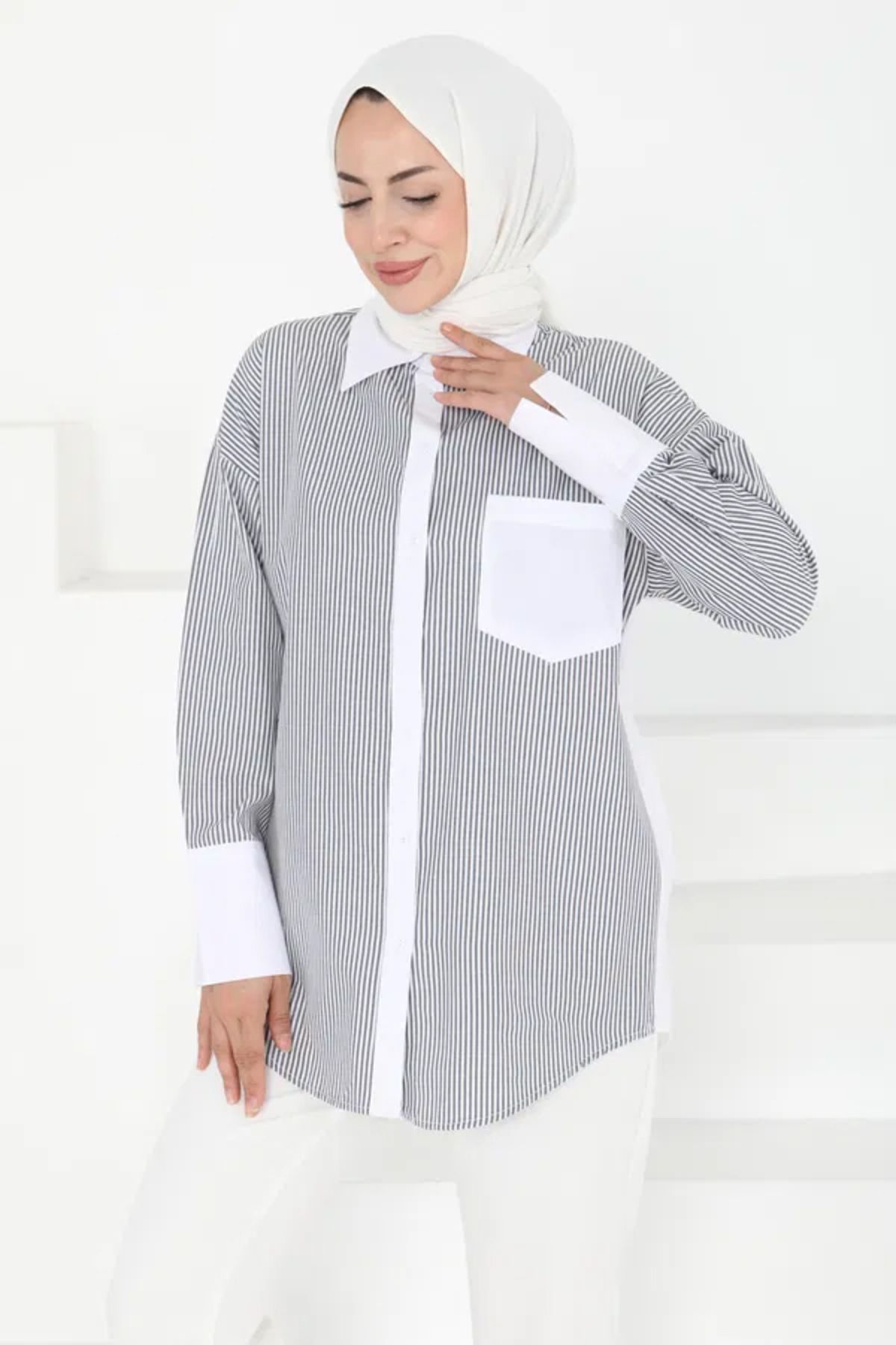 Butik Çizgili Cep Detay Gömlek