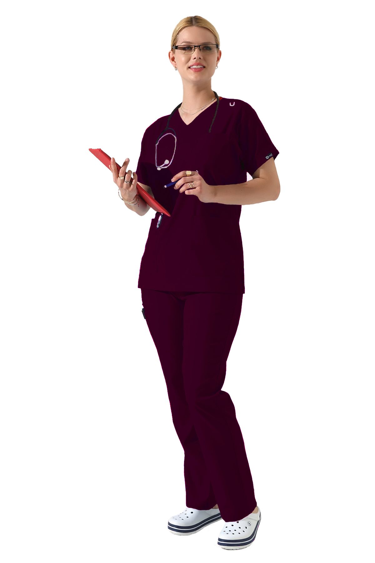 BEDUCA Mürdüm Likralı Dr Greys V yaka Yarasa Kol Doktor Hemşire Üniforma Takımı, Büyük Beden Kadın Scrubs