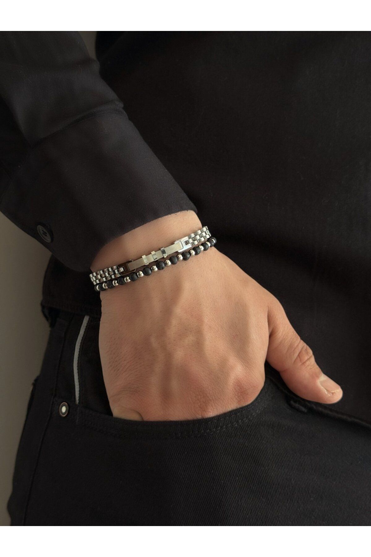 h&b design jewel Çelik Siyah Hematit Taşlı Bileklik