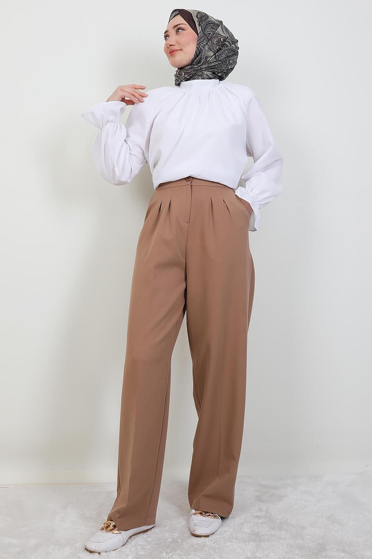 giz astore Beli Lastikli Düğmeli Pantolon Sütlükahve