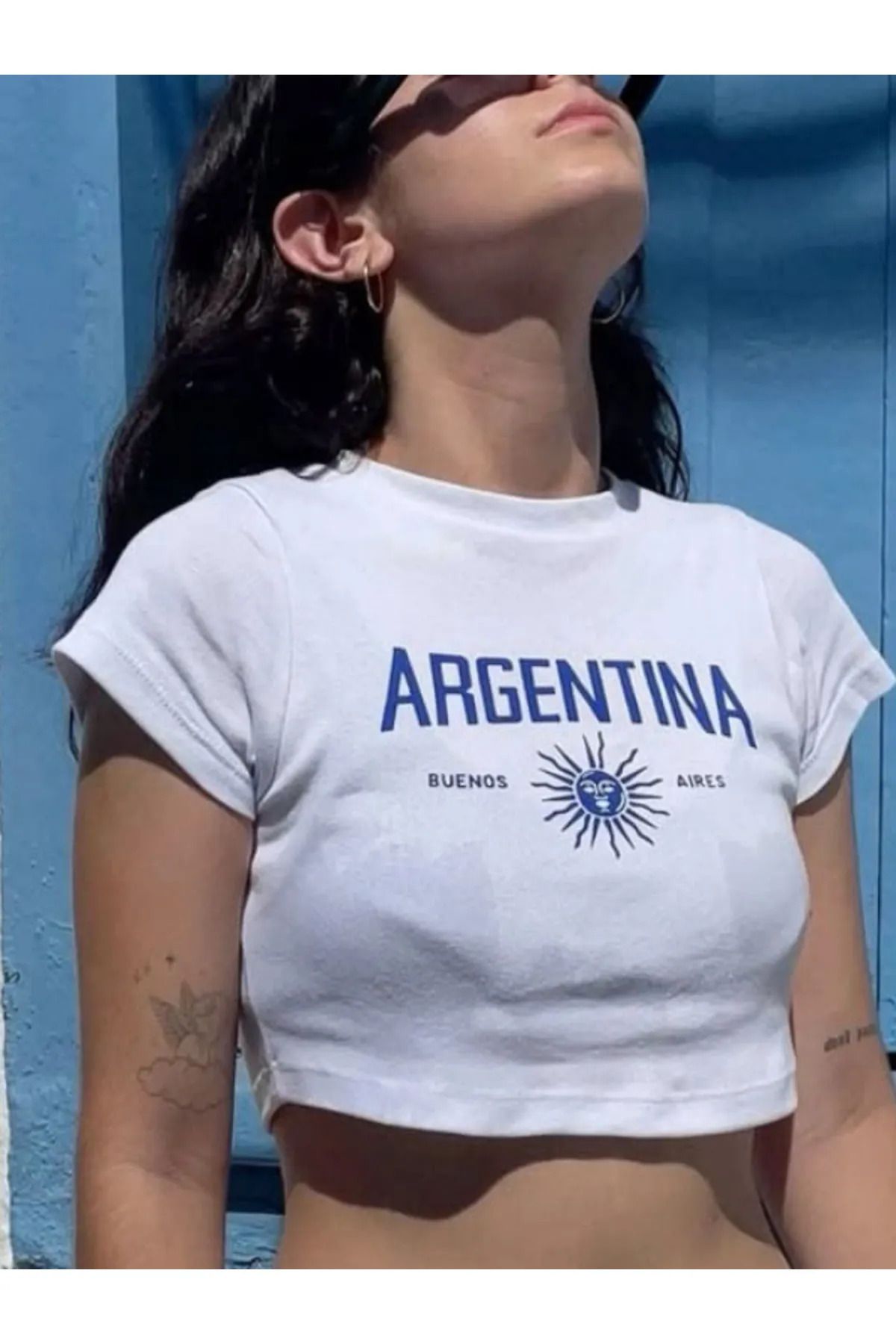 1blood Argentina Baskılı Beyaz Body Crop Bluz