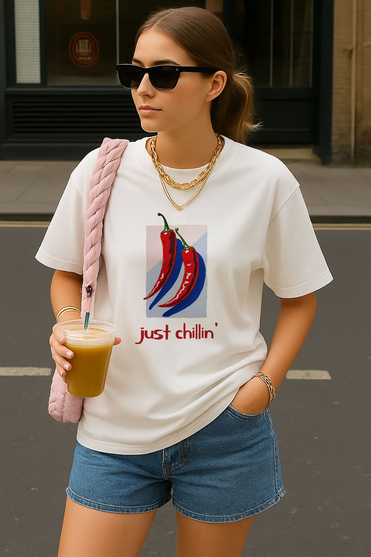 sielta Acı Biber Chili Baskılı Oversize Kadın Pamuklu Beyaz Tişört T-shirt