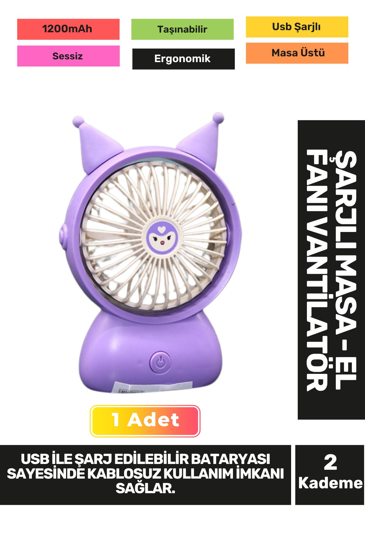 Fantazer Ultra Sessiz 2 Kademe Hafif Kablosuz 1200mAh Pervaneli Taşınabilir Usb Şarjlı Masa El Fan Vantilatör
