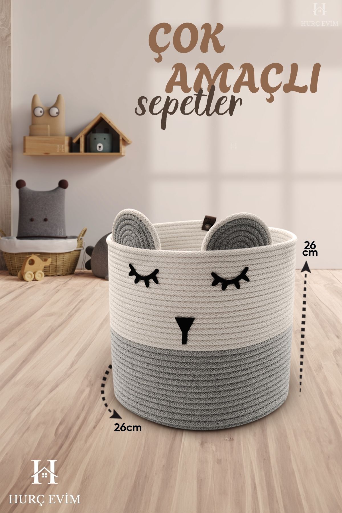 HURCEVİM Gri Jüt İp Panda Tasarımlı Çok Amaçlı Çocuk Odası Oyuncak Kıyafet Kirli Sepeti Organizer 26 X 26 cm