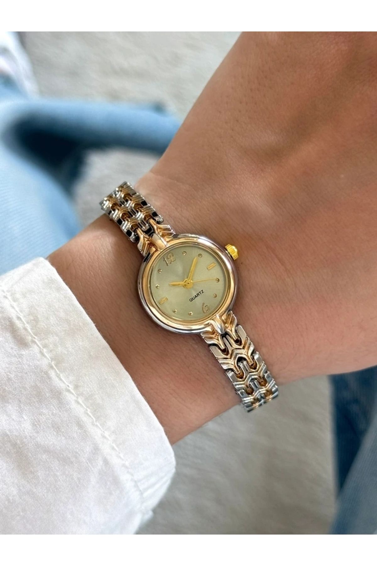 RoseandRoses Pret Vintage Model Özel Tasarım Kadın Kol Saati Gold-Gümüş (Açık Yeşil Kadran)