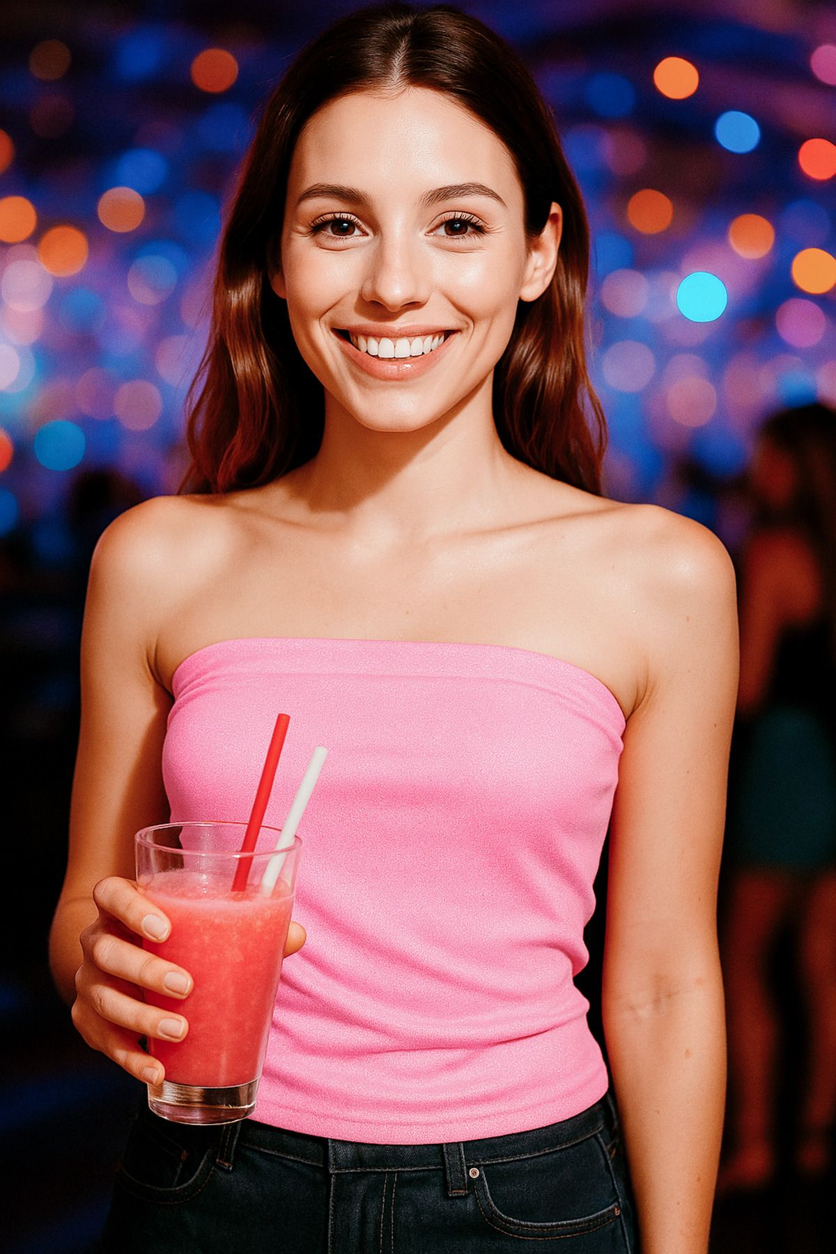 DHDmoda Kadın Straplez Açık Pembe Parlak Bluz