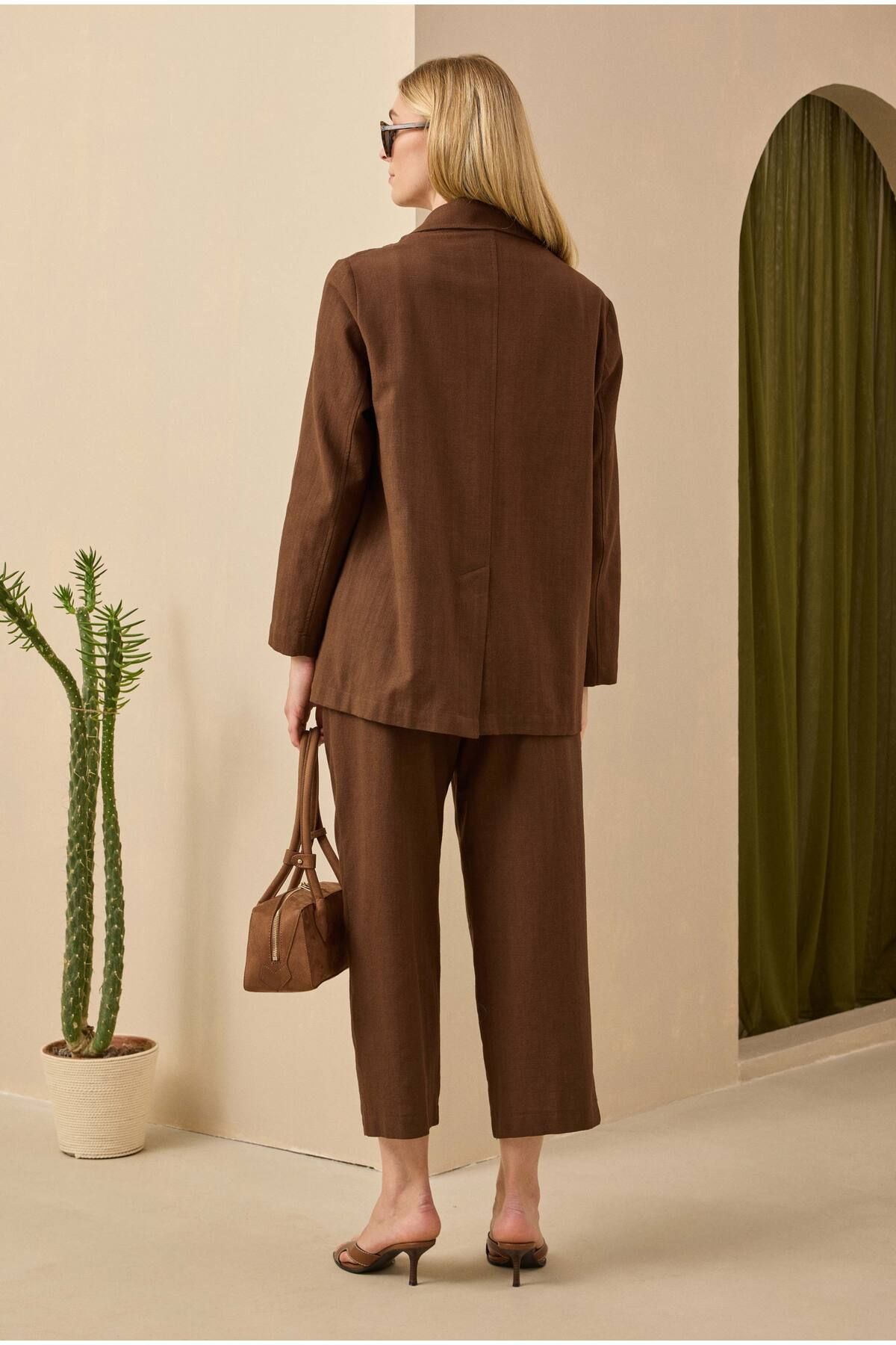 HEQA Keten Blazer Ceket Kahve