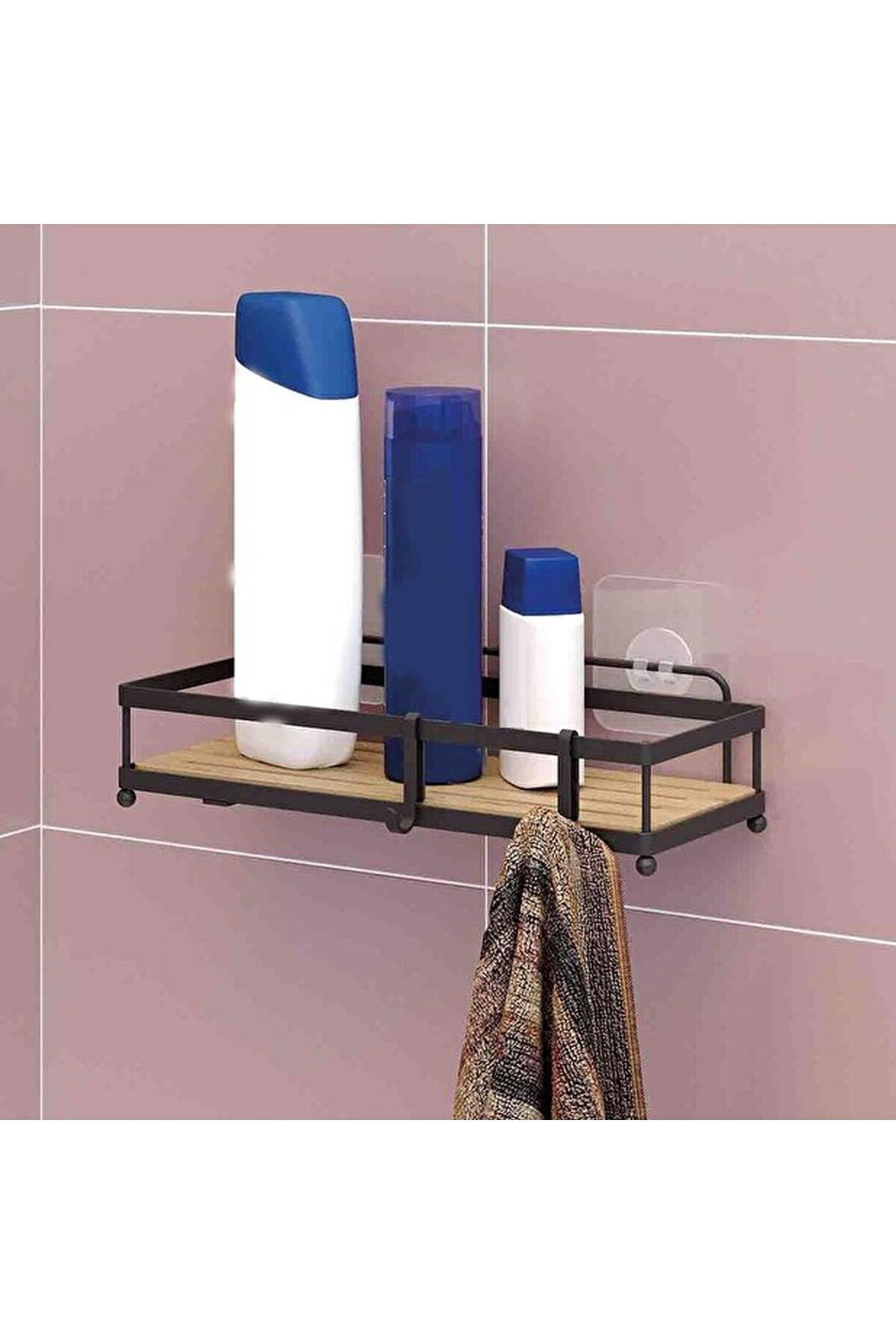 MATMEL Ahşap Görünümlü Kancalı Banyo Duş Rafı - Siyah