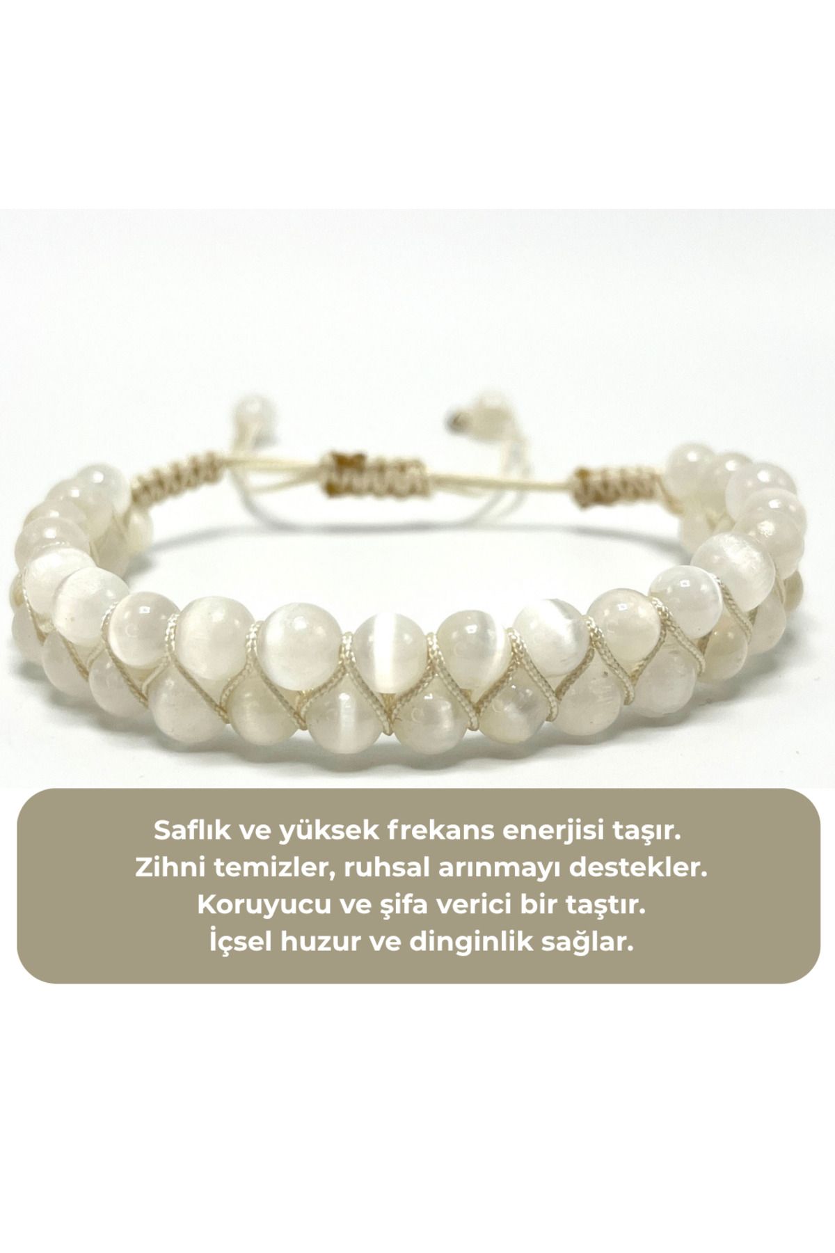 YILDIZ DOĞAL TAŞ SERTİFİKALI Selenit Çift Sıra Doğal Taş Makrome Bileklik Ayarlanabilir Ölçü