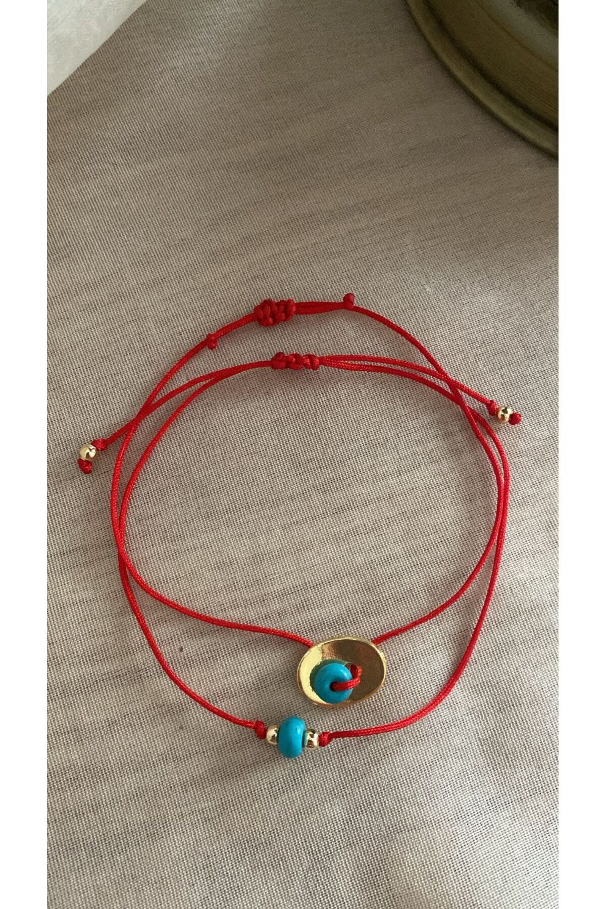 BAE ATOLYE İki adet Kombin Doğal Turkuaz Taşlı Kırmızı İp Bileklik