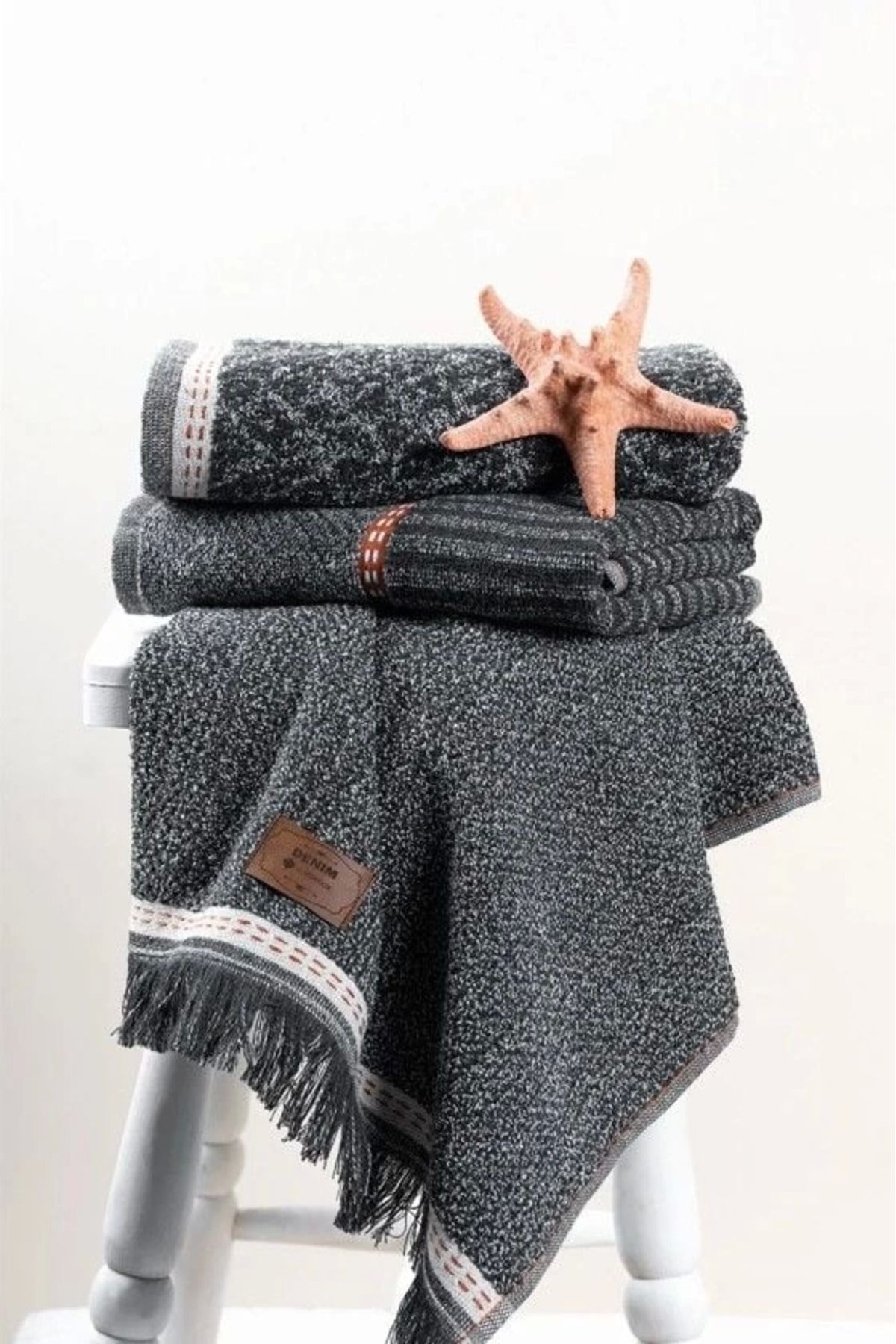 Emperium Cotton Box 3'lü Jakarlı Havlu Seti Denim Antrasit 50x90