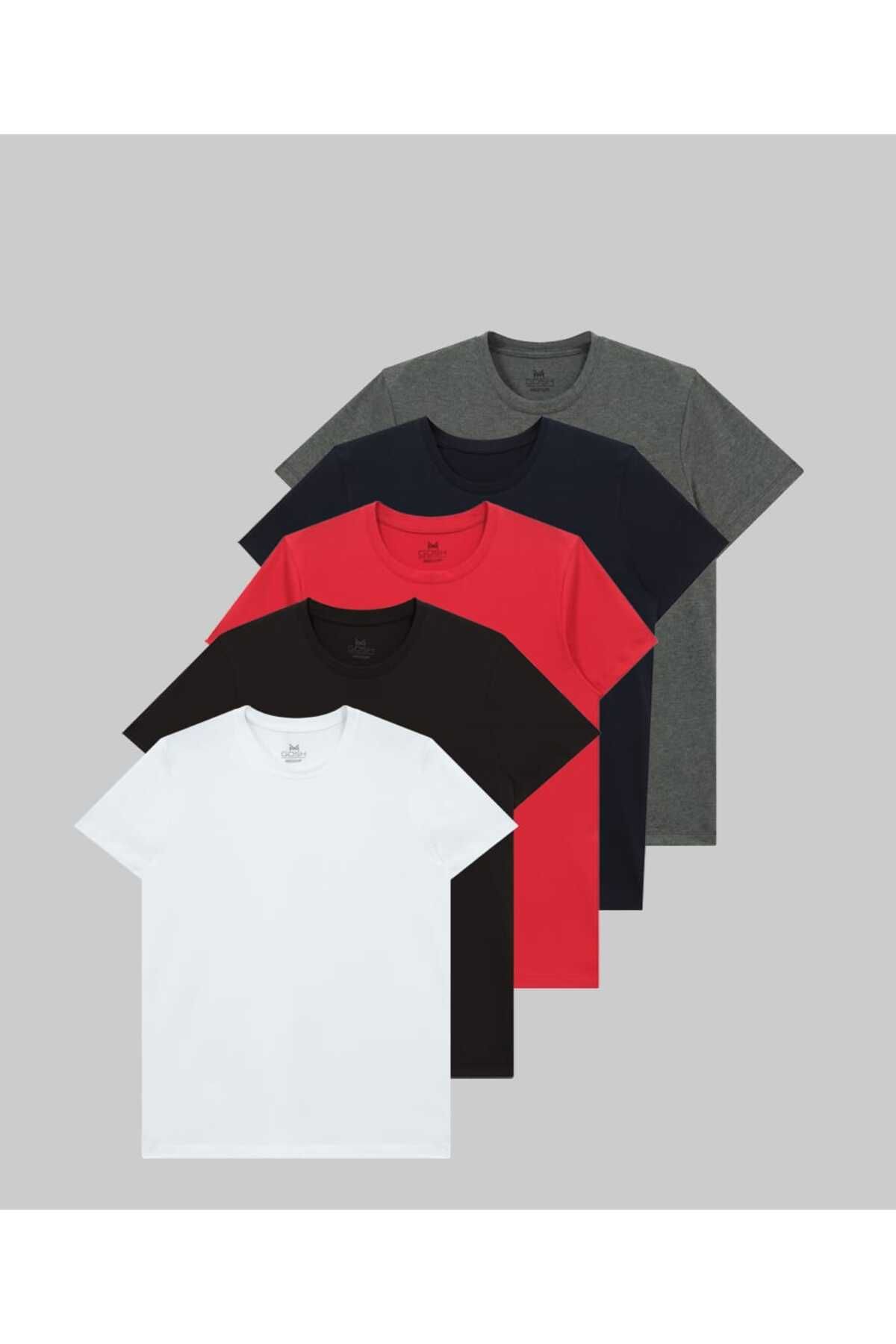 GOSH Erkek Siyah Beyaz Kırmızı Antrasit Lacivert %100 Pamuklu 5 Li T-shirt Paketi