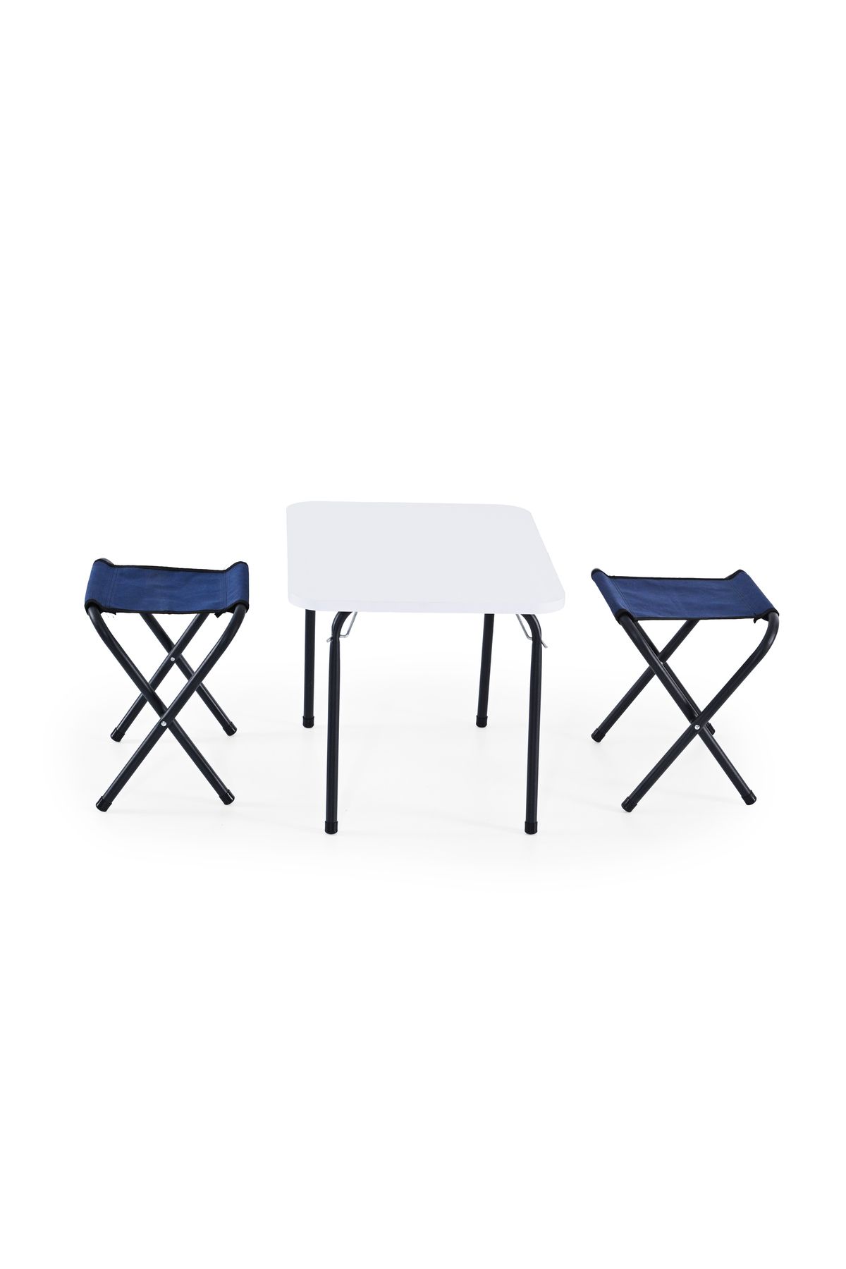 Remaks 2 adet Katlanır 2li Piknik Kamp Plaj Taburesi Lacivert Ve 60x80 cm Beyaz Katlanır Kamp Masası