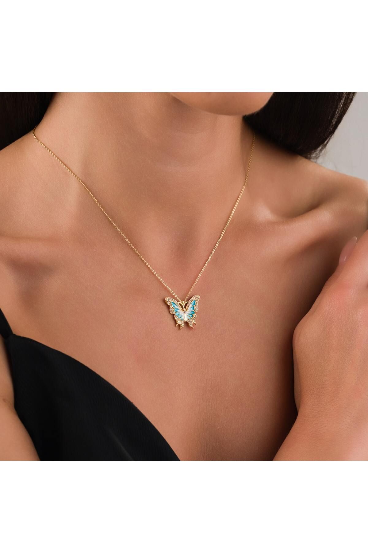 HOBİSY GIFT SHOP Zarif Kelebek Çelik Kolye – Turkuaz Zirkon Taşlı Gold Renk Kolye