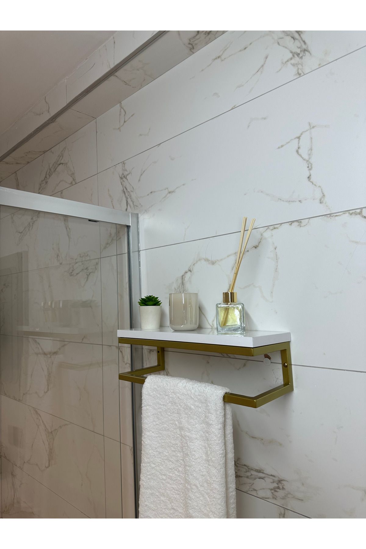 lyla concept Fulya Banyo Ahşap Raflı Gold Metal Havlu, Şal Askılık