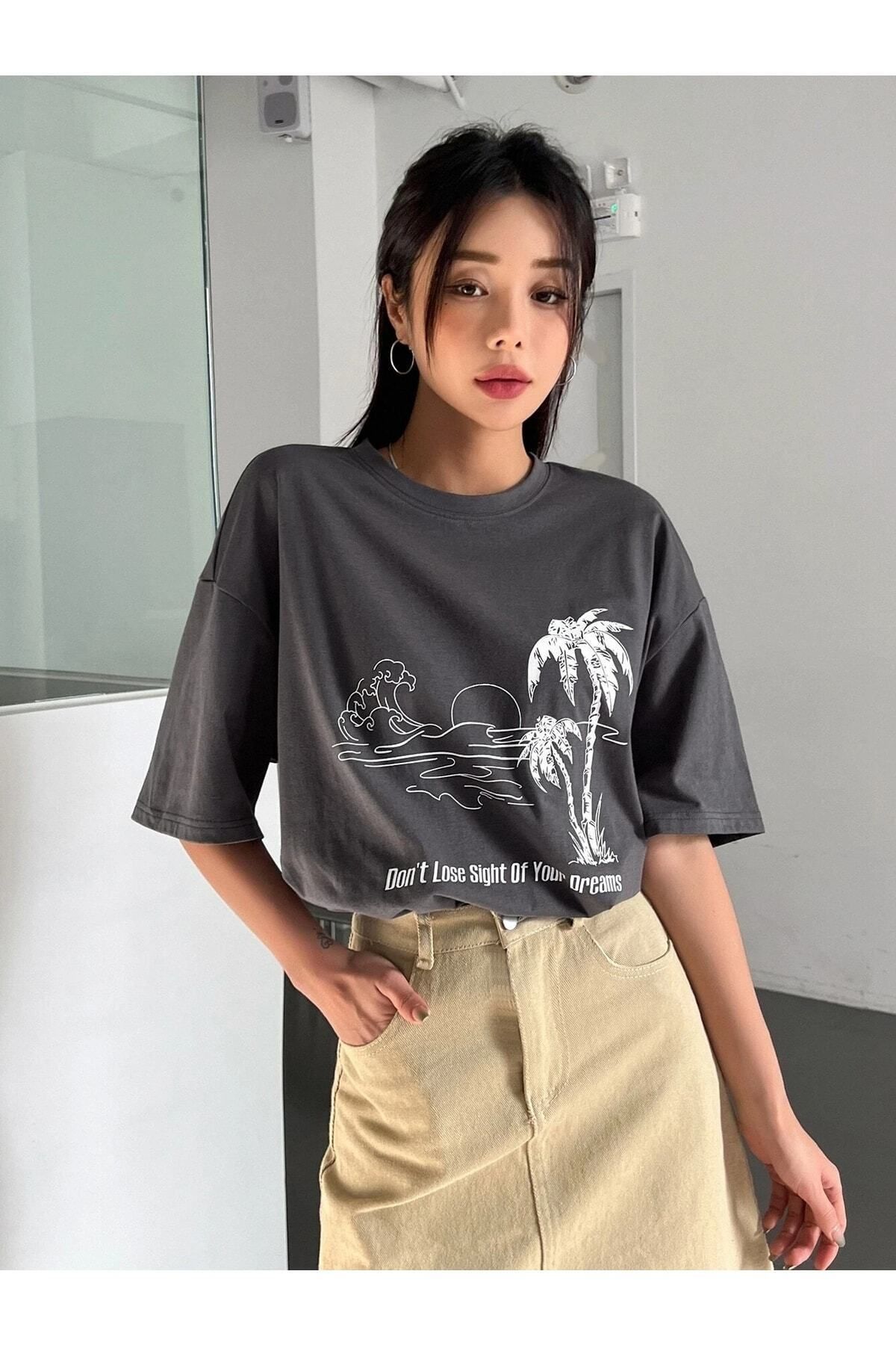 Boi Kadın / Kız 6füme Oversize T-shirt Plamıye Baskılı