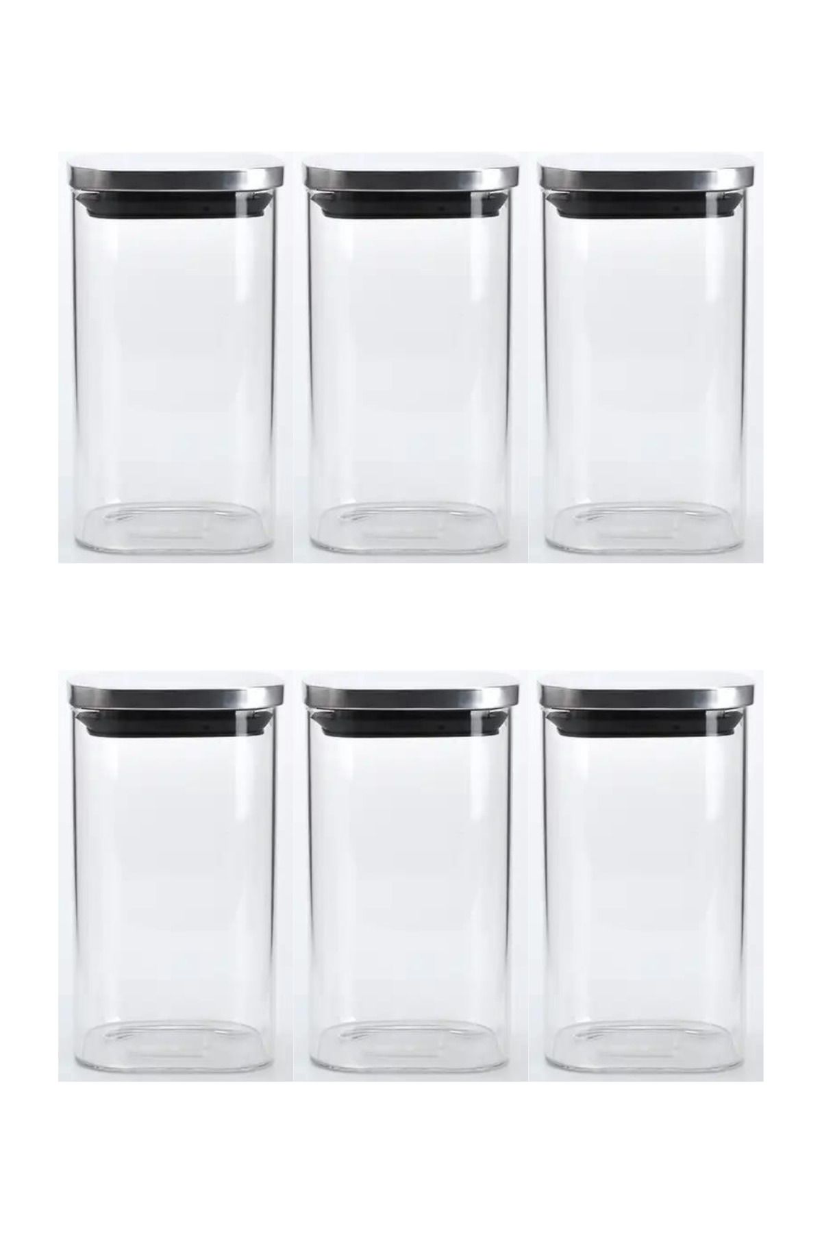 Kitchen Design Lab Vakum Krom Kapaklı Kare Cam Kavanoz 6,5X14,2 Cm - 400 ML Cam Baharatlık Saklama Kabı 6 Adet