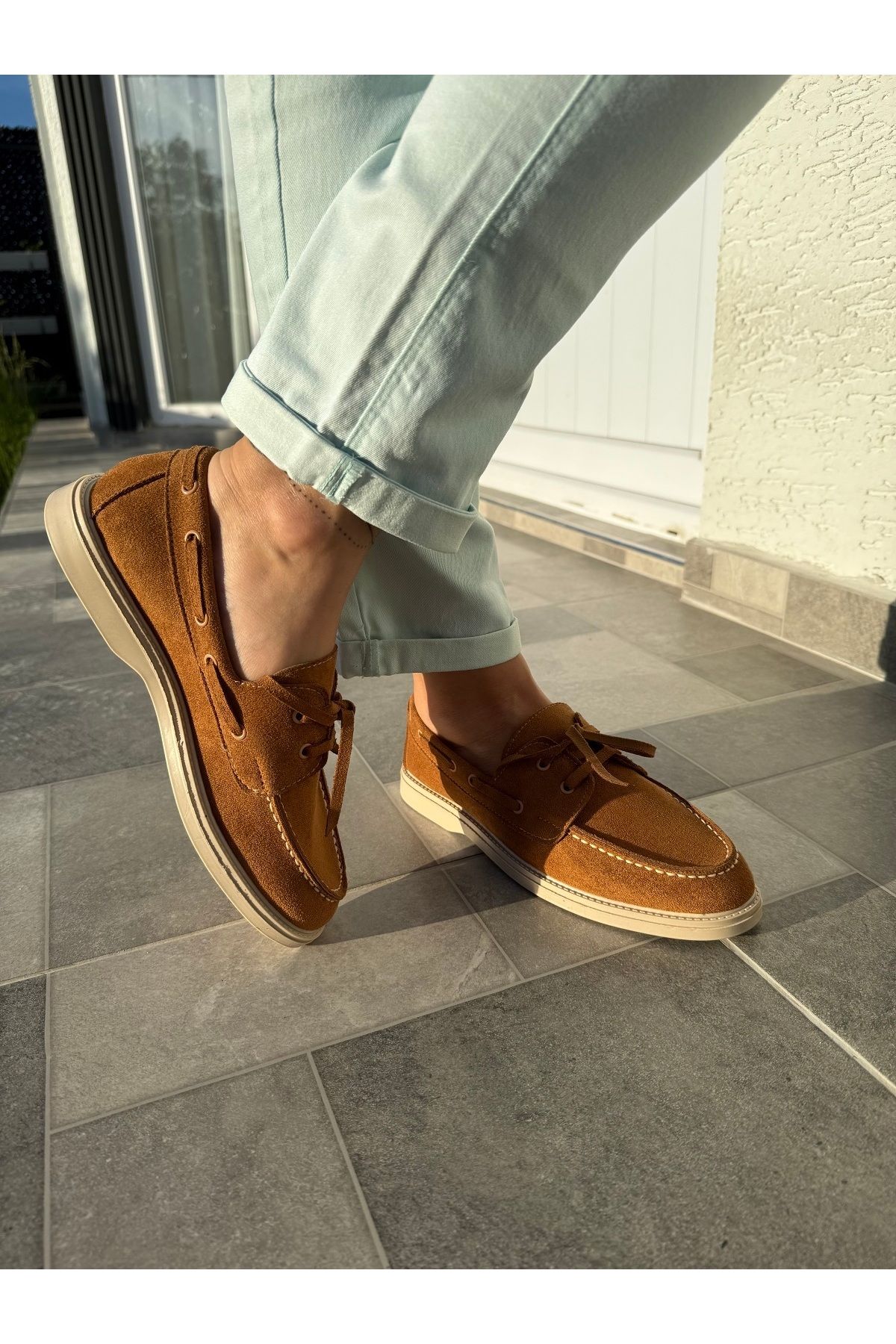 BURCU COLLECTİON Sandra Bağcık Detaylı Taba Süet Kadın Loafer