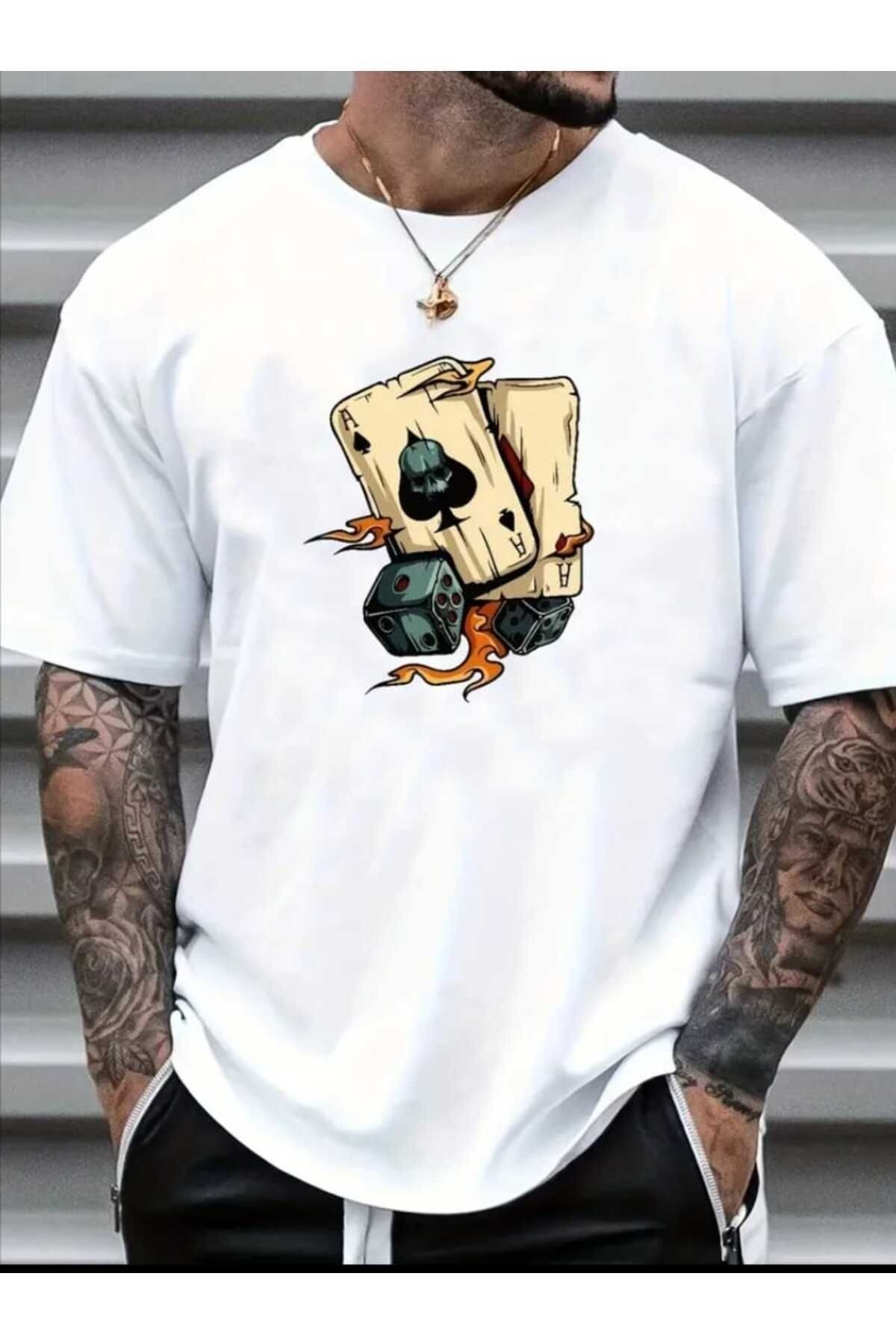 ModaSphere Erkek Zar Kart Baskılı Bisiklet Yaka Oversize Salaş Boyfirend Beyaz T-shirt