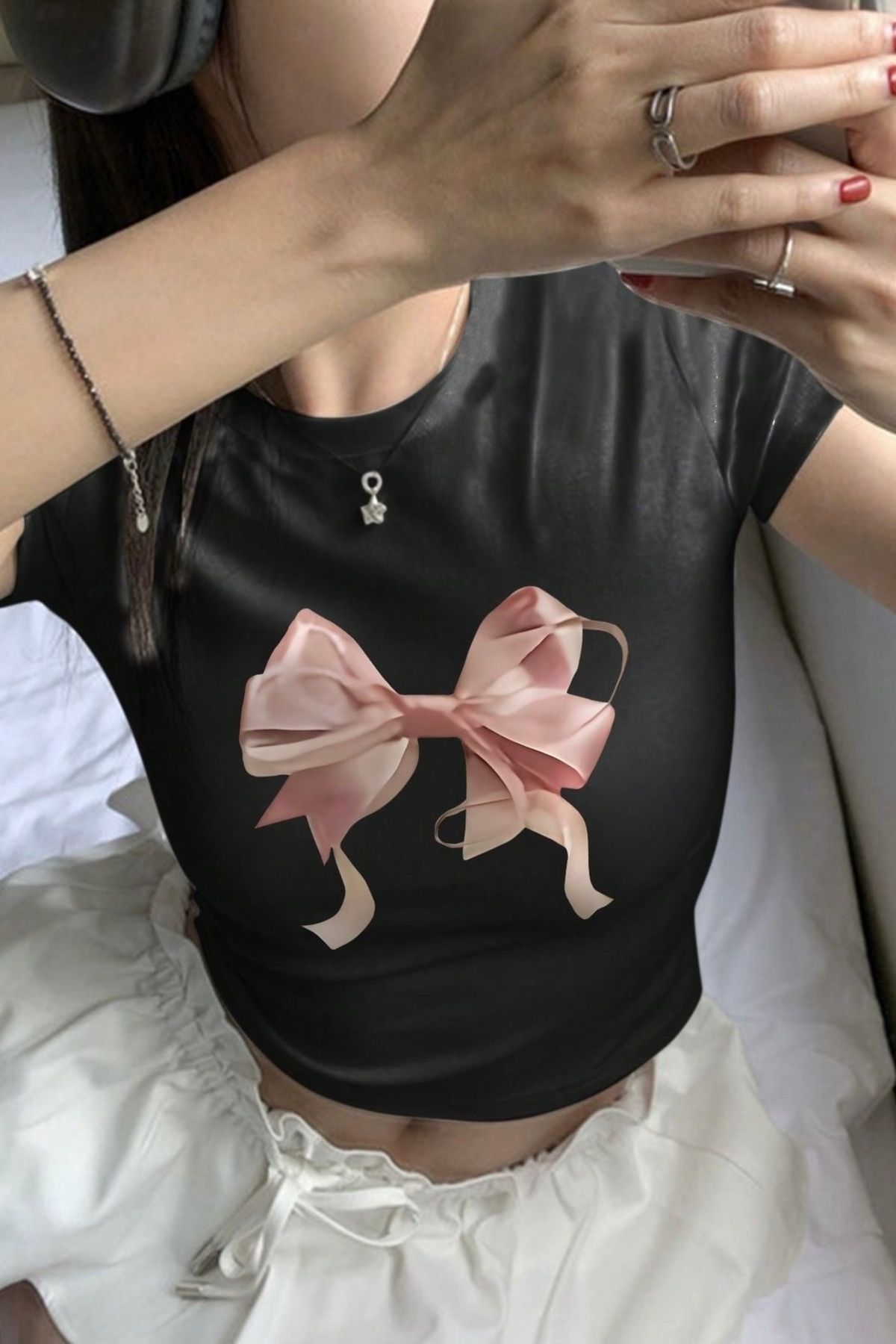Aesthia Siyah Coquette Pink Ribbon Crop
