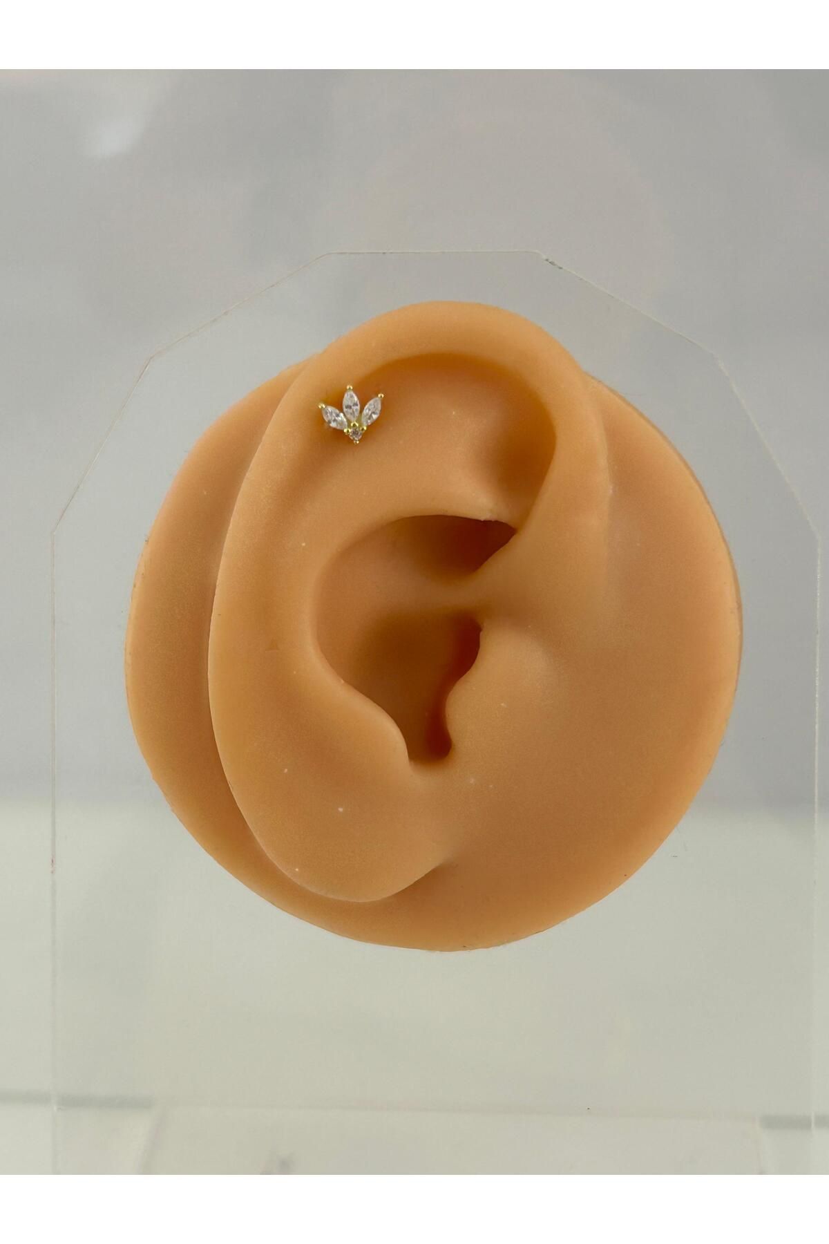 Siminkari 925 Ayar Gümüş Üzerine Mikron Altın Kaplama Üç Taşlı Lotus Gold Piercing Tragus Helix