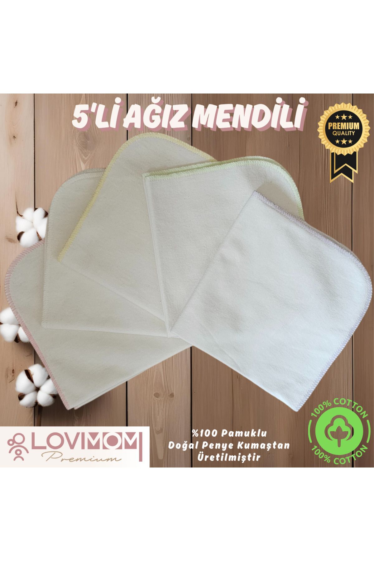 lovimom %100 Pamuk Penye Bebek Ağız Mendili 5’li Set Ekstra Yumuşak, Büyük Boy Salya Mendili 28x28 cm