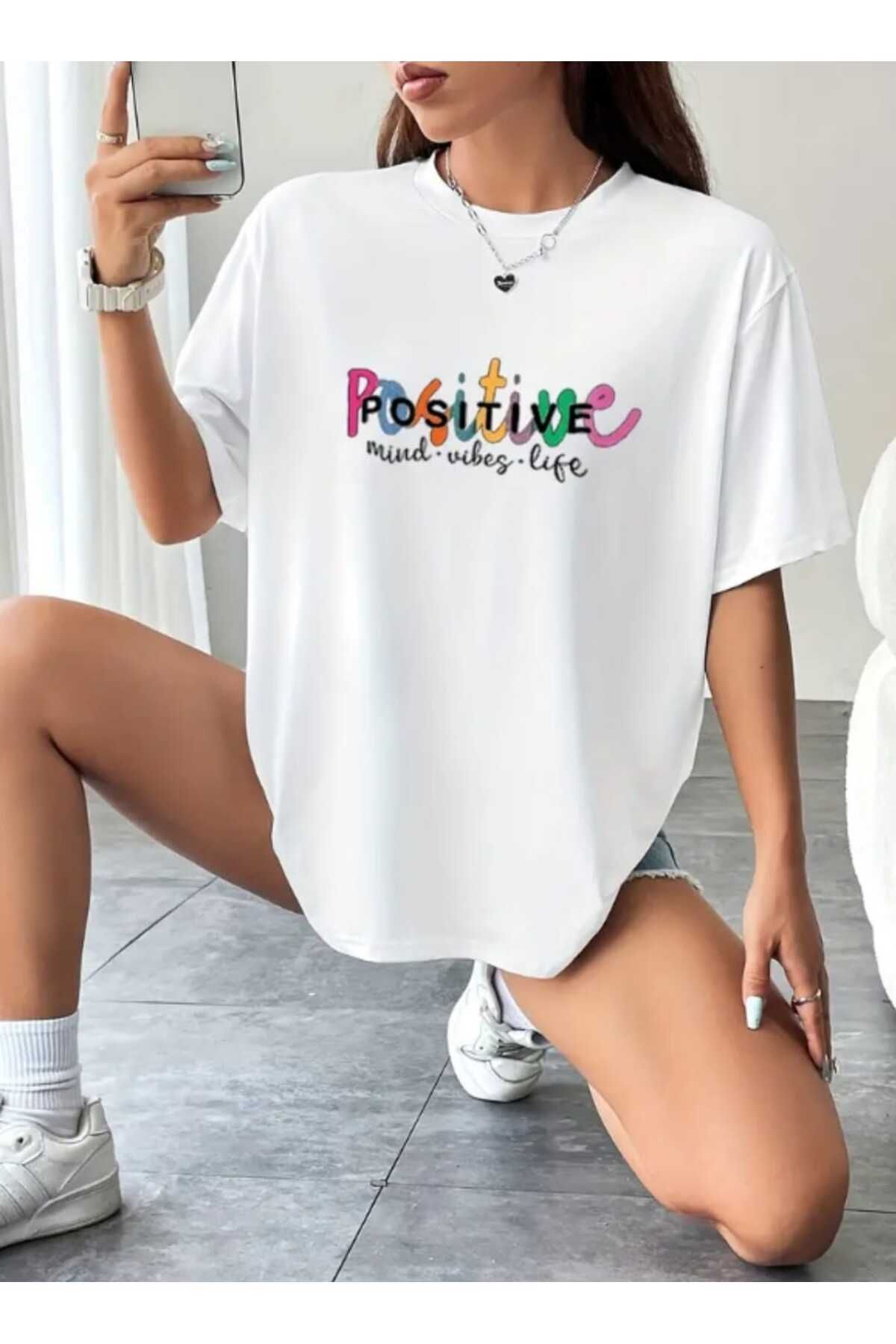 Boi Positive Baskılı Kadın Salaş Oversize Boyfirend T-shirt