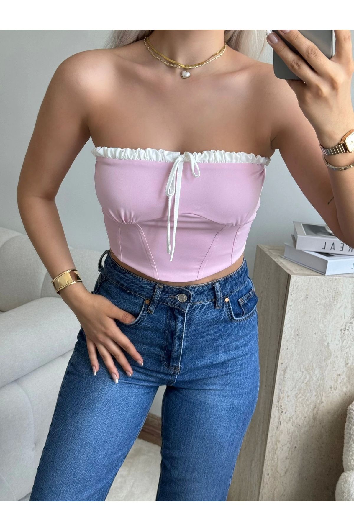 Zora Butik Bağlamalı Straplez Crop-Pembe