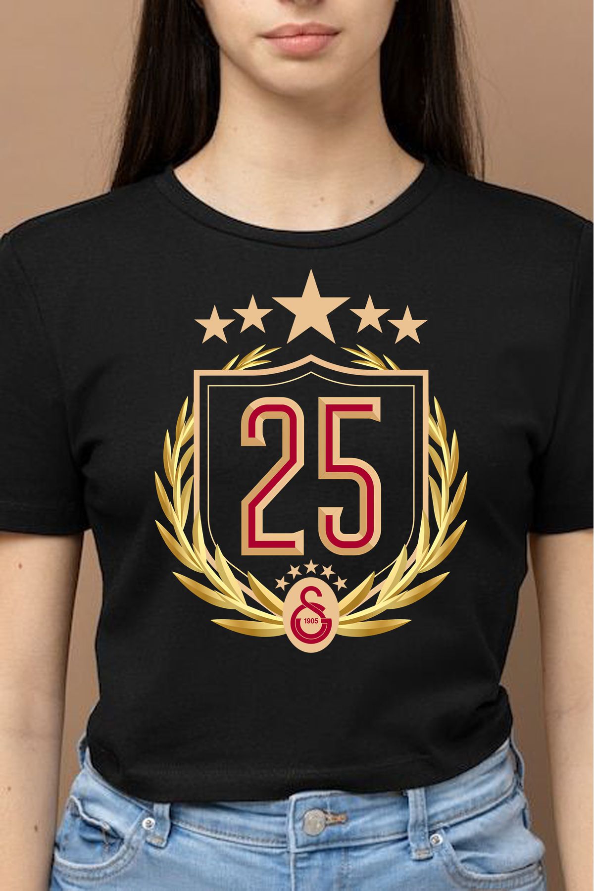 ErTaPassage Kadın Siyah Galatasaray 25. Şampiyonluk Tişört - 100% Pamuk, Taraftar Baskılı