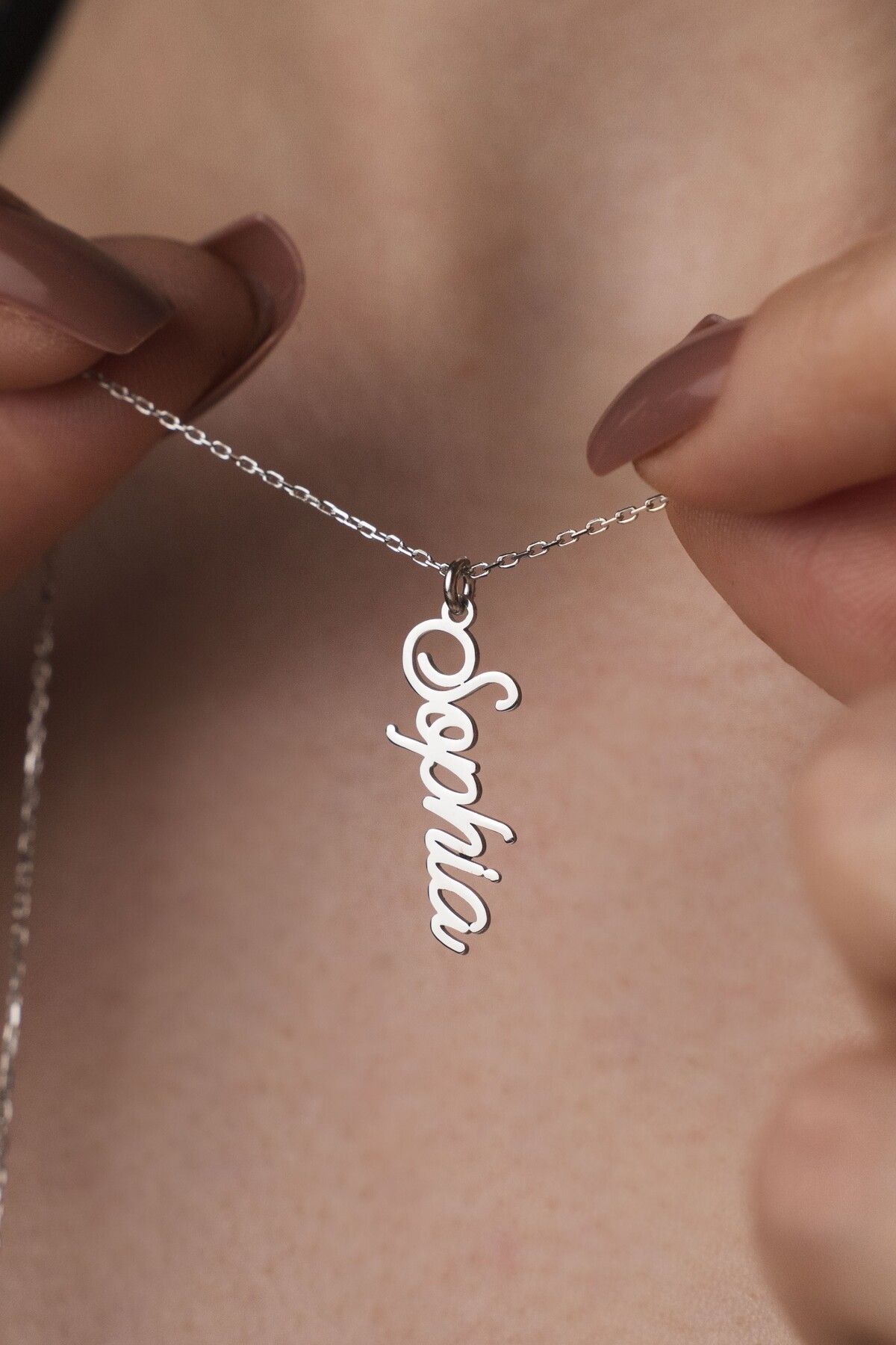 TigerxlJewellery 925 Ayar Gümüş Kişiye Özel Dik Yazılı İsim Kolyesi