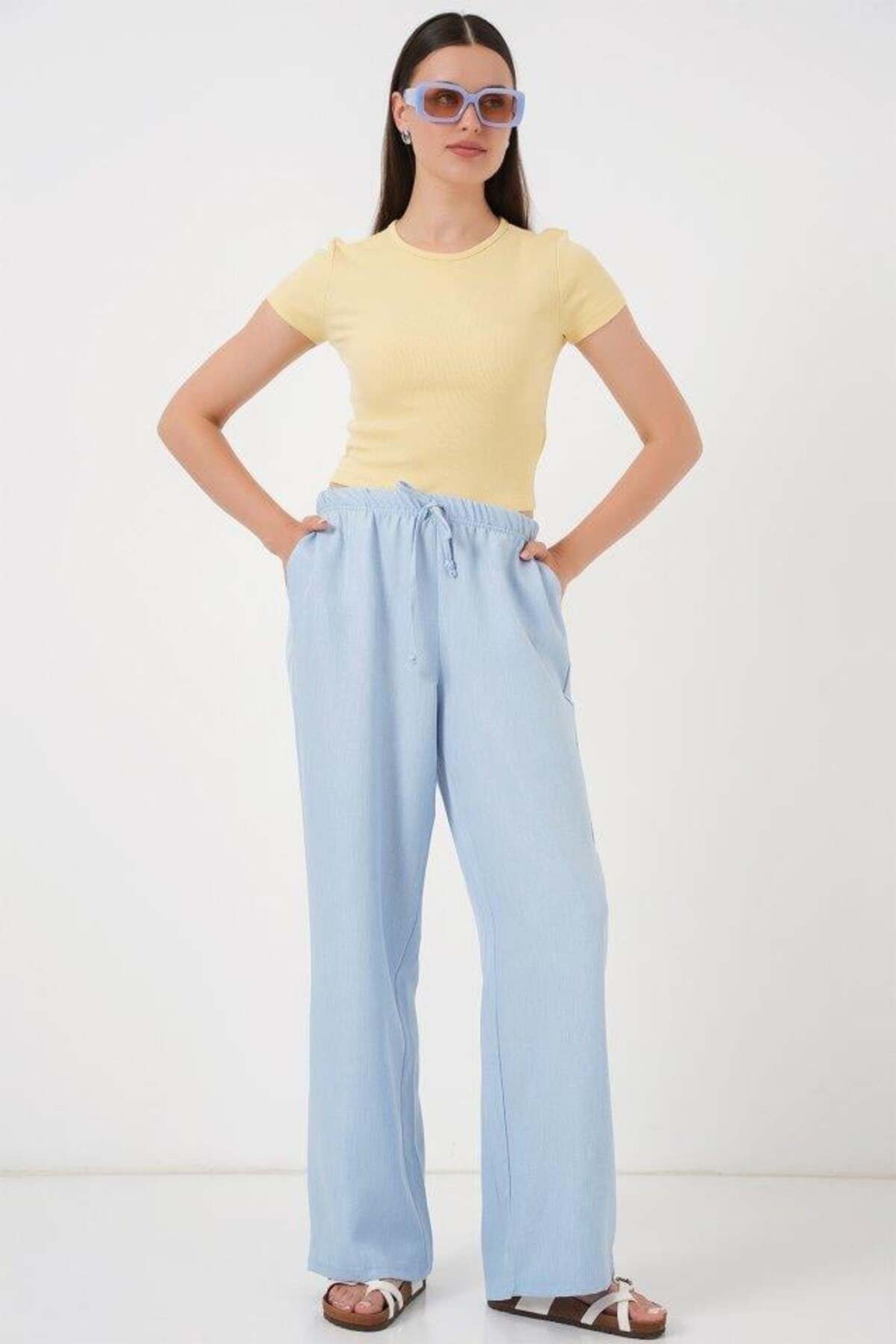 Aymood Geniş Paça Keten Pantolon 6735 - Mavi
