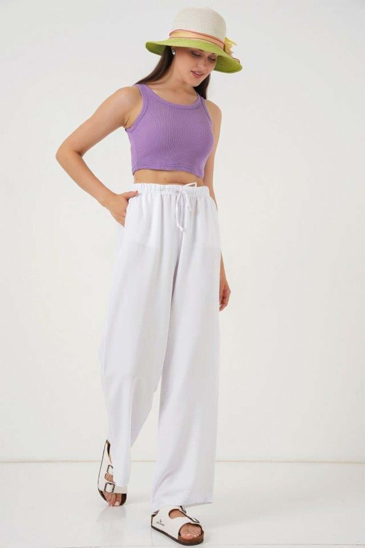 Aymood Geniş Paça Keten Pantolon 6735 - Beyaz