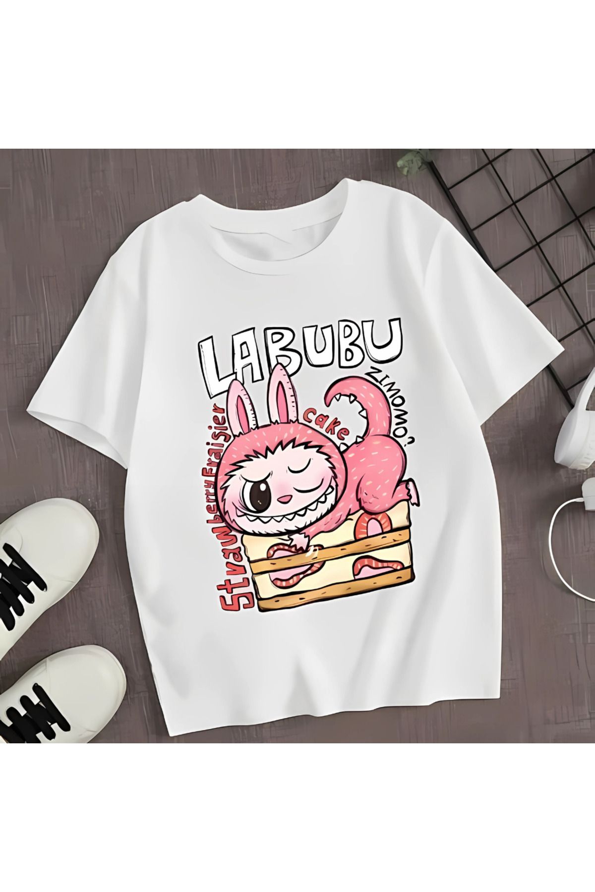 MECH BUTİK Unisex Kadın/Erkek Siyah/Beyaz Tişört Labubu Yeni Baskılı Tişört T-shirt