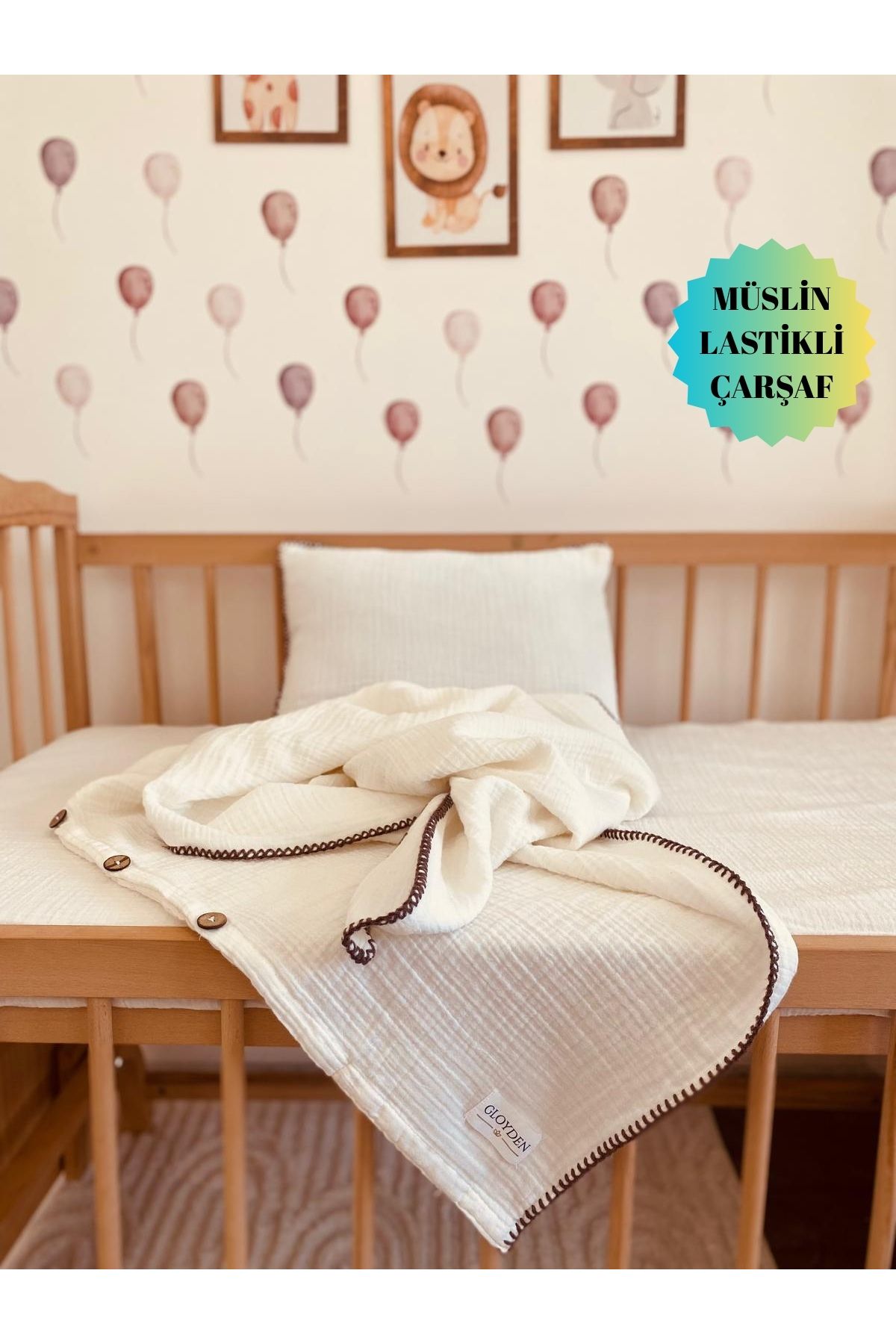 GLOYDEN Bebek Nevresim Takımı Müslin Ekru 100x150 - Müslin Lastikli Çarşaflı