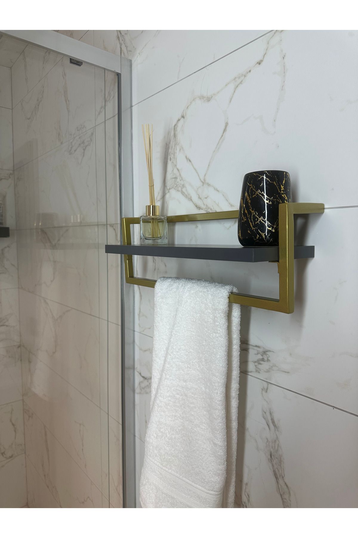 lyla concept Defne Banyo Ahşap Raflı Gold Metal Havlu, Şal Askılık