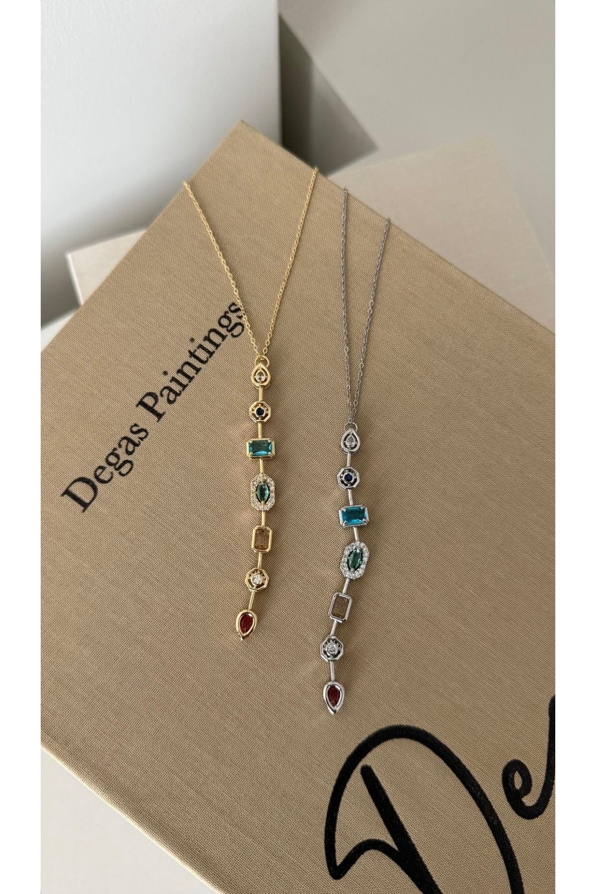 kems jewels Y Model 7 Element Renkli Zirkon Taşlı Damla Çelik Gümüş Kaplama Kolye