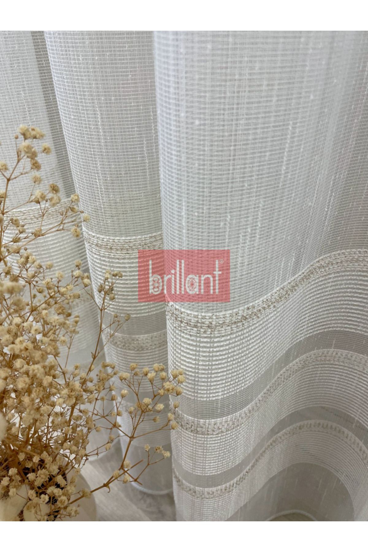YS PERDE TASARIM Brillant Aren Modern Eteği Şantuklu 2 Sıra Bantlı Ekru/Gold Simli Tül Perde 1/3 Sık Pile