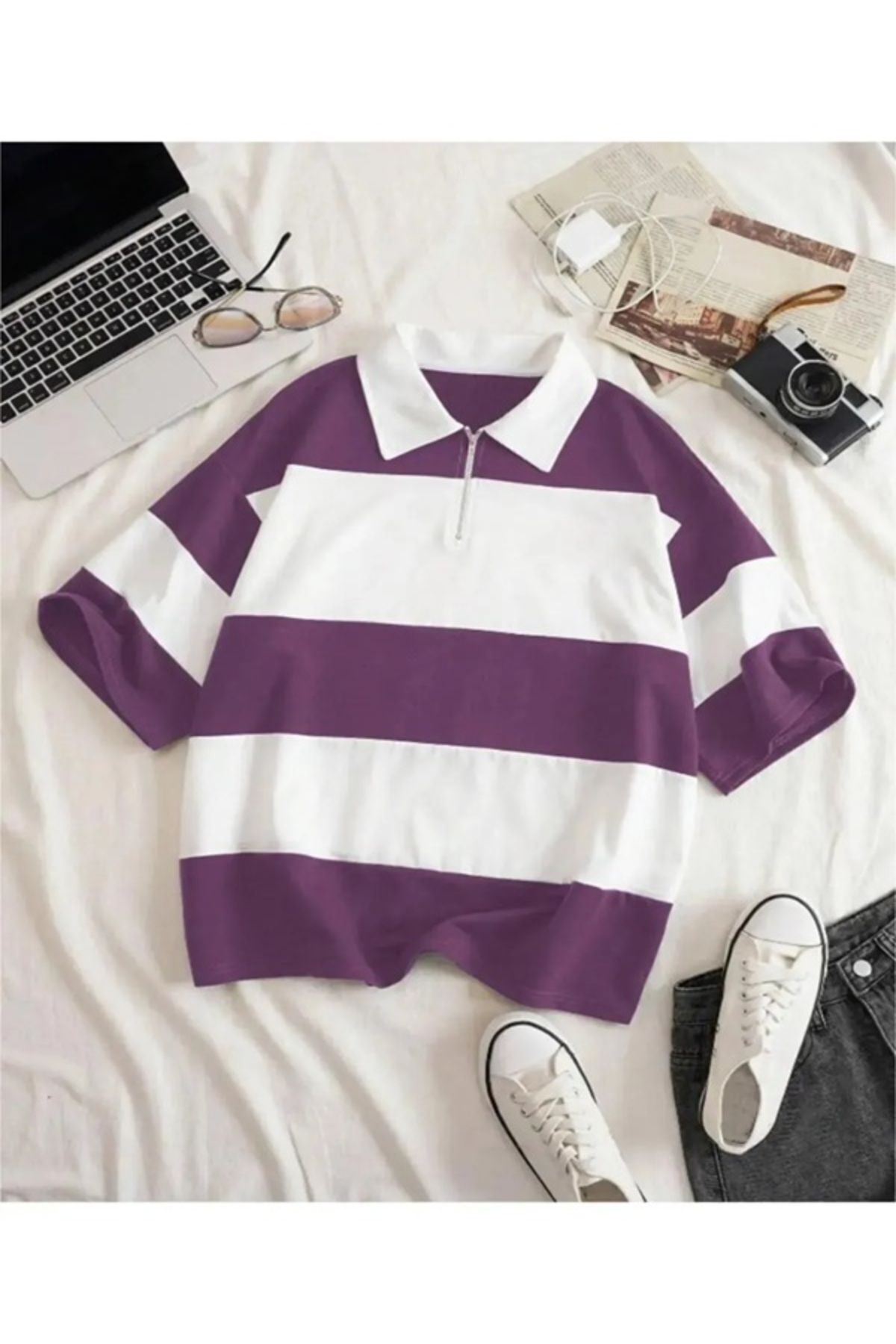 EXPECTED Unisex Oversize Polo Yaka Fermuarlı Parçalı Polo Tişört