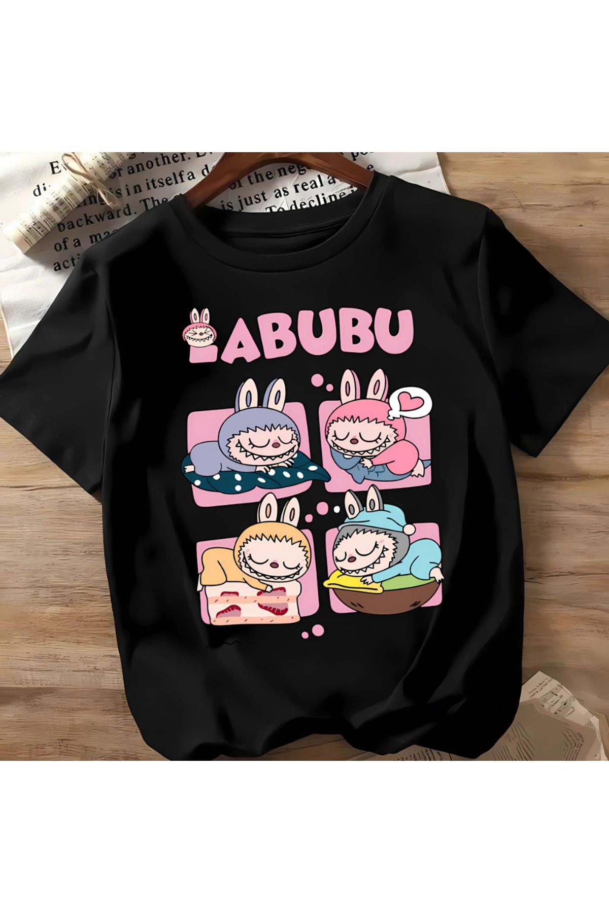 MECH BUTİK Unisex Kadın/Erkek Siyah/Beyaz Tişört Labubu Yeni Baskılı Tişört T-shirt