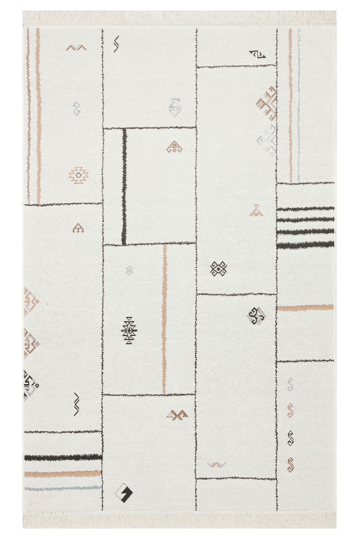 DOGANLAR ANTIQ ARYA 41 CREAM BLACK Yıkanabilir,Çift Taraflı ,Hav Vermez,Pamuklu,Modern Desenli Dokuma Kilim