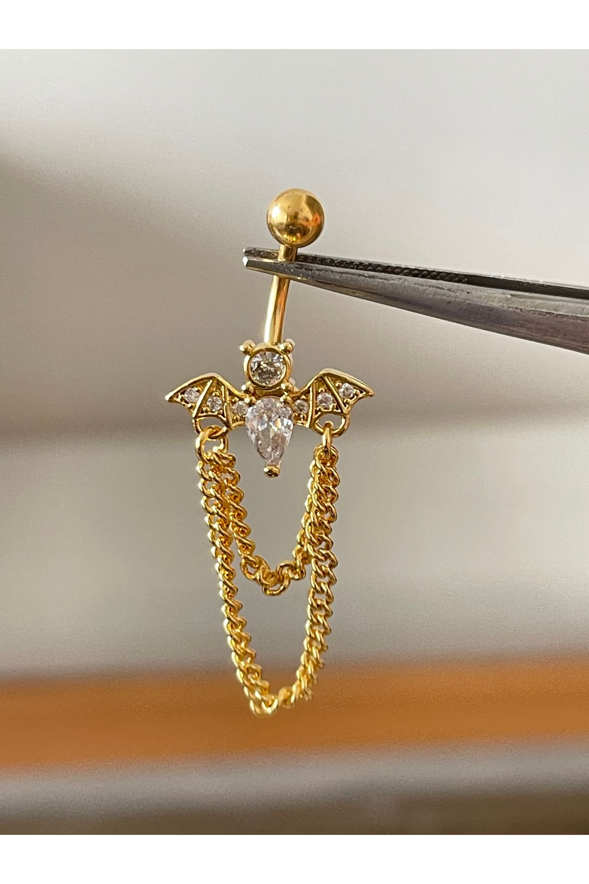 Rupen Kraft 316 L Cerrahi Çelik Yarasa Modeli Gold Renginde Zirkon Taşlı Göbek Piercingi