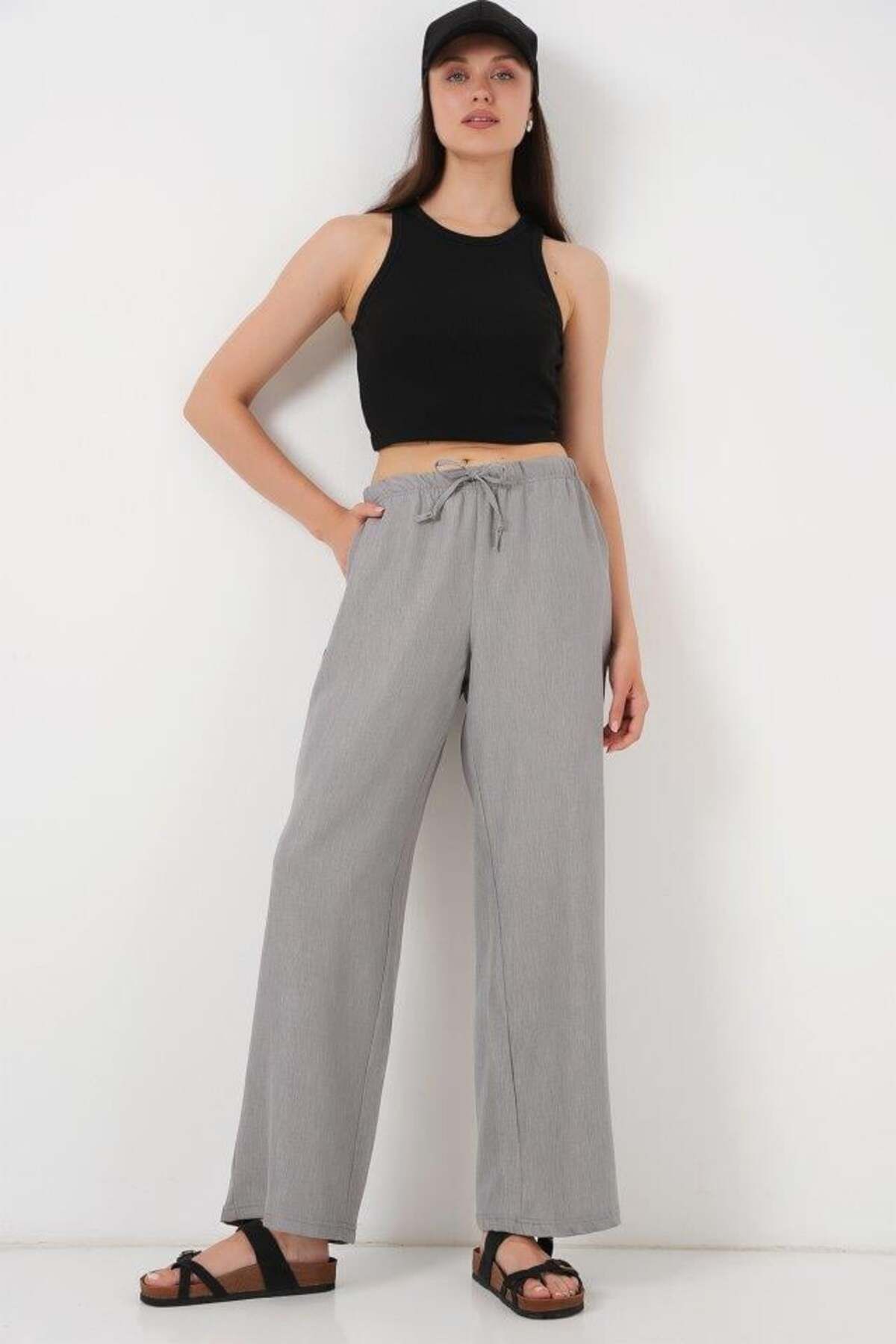 Aymood Geniş Paça Keten Pantolon 6735 - Gri