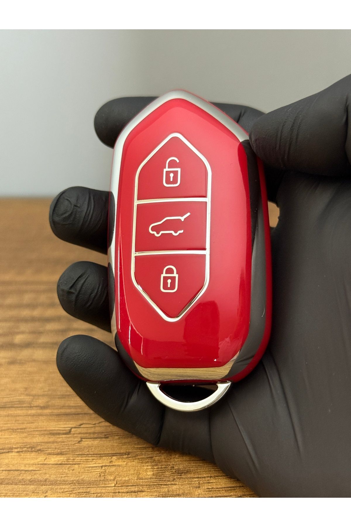 Mavi Keys Togg T10X Smart Uyumlu 3 Düğmeli Silikon Anahtar Kumanda Koruma Kılıfı – Kırmızı Gümüş Renk