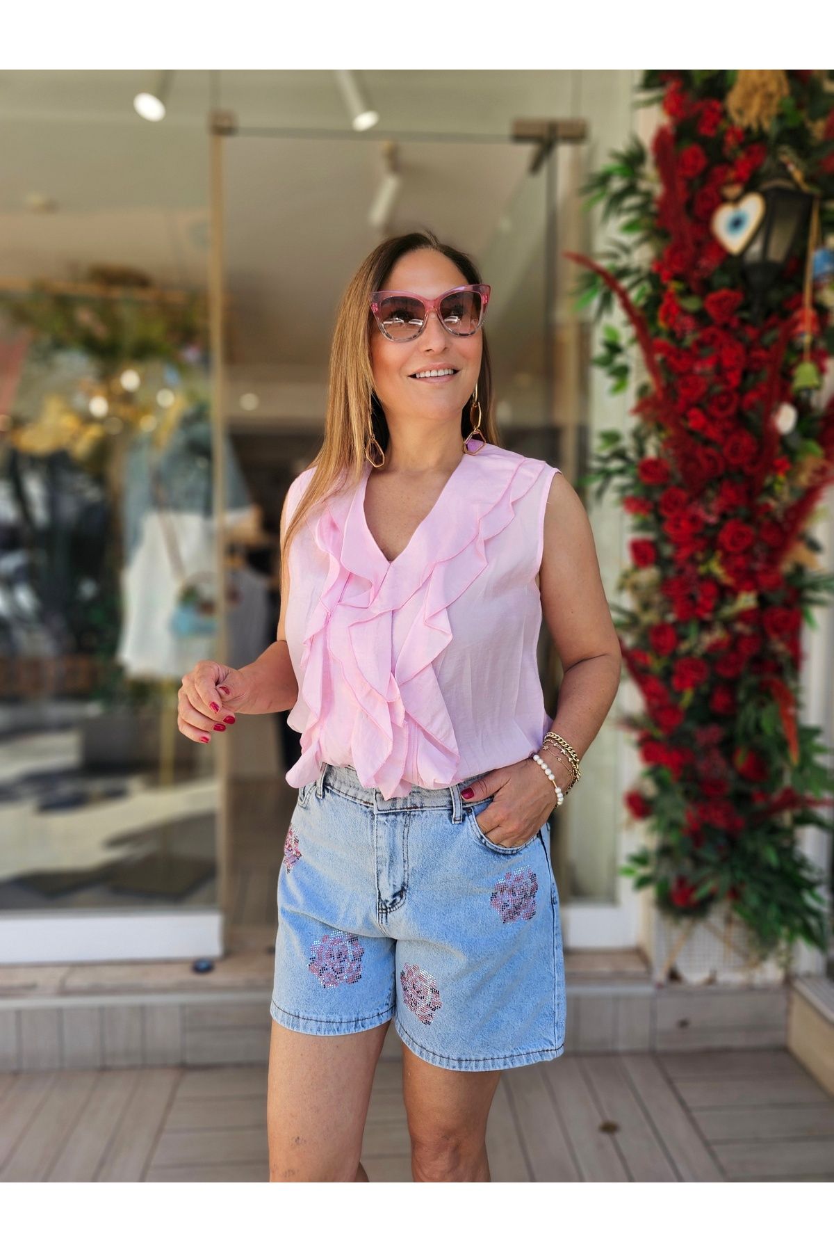 CsChicShop Pembe Çiçekli Denim Şort