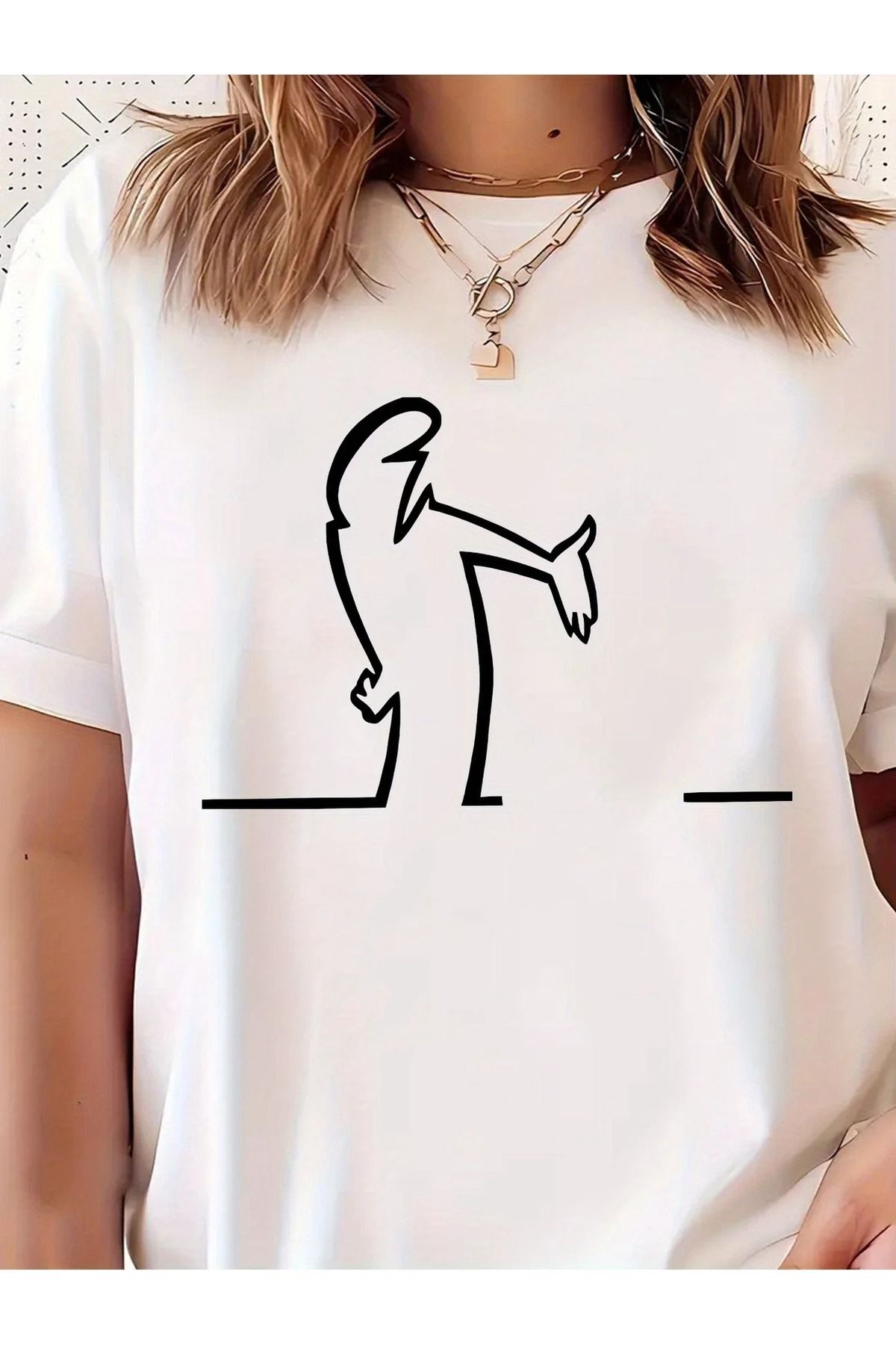 WOODROFFE Kadın By Meraklı Baskılı Bisiklet Yaka Tişört Oversize Salaş
