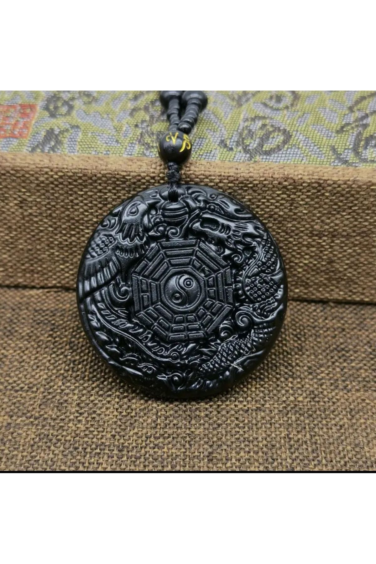 ORGANICYOU YIWU Siyah Obsidyen Oyma Ejderha ve Fenghuang Kolye