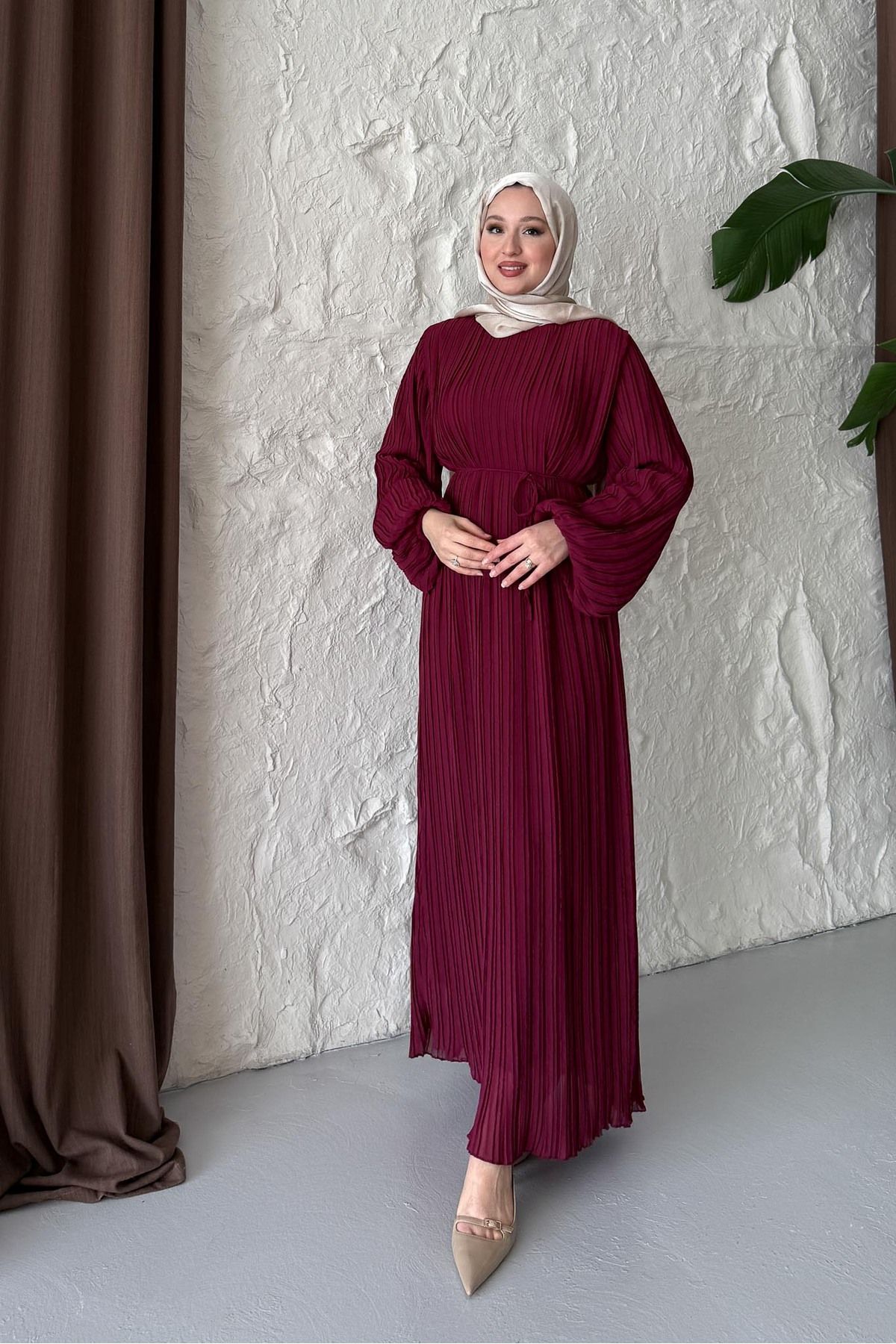 Rimel Moda Seyran Piliseli Elbise Mürdüm