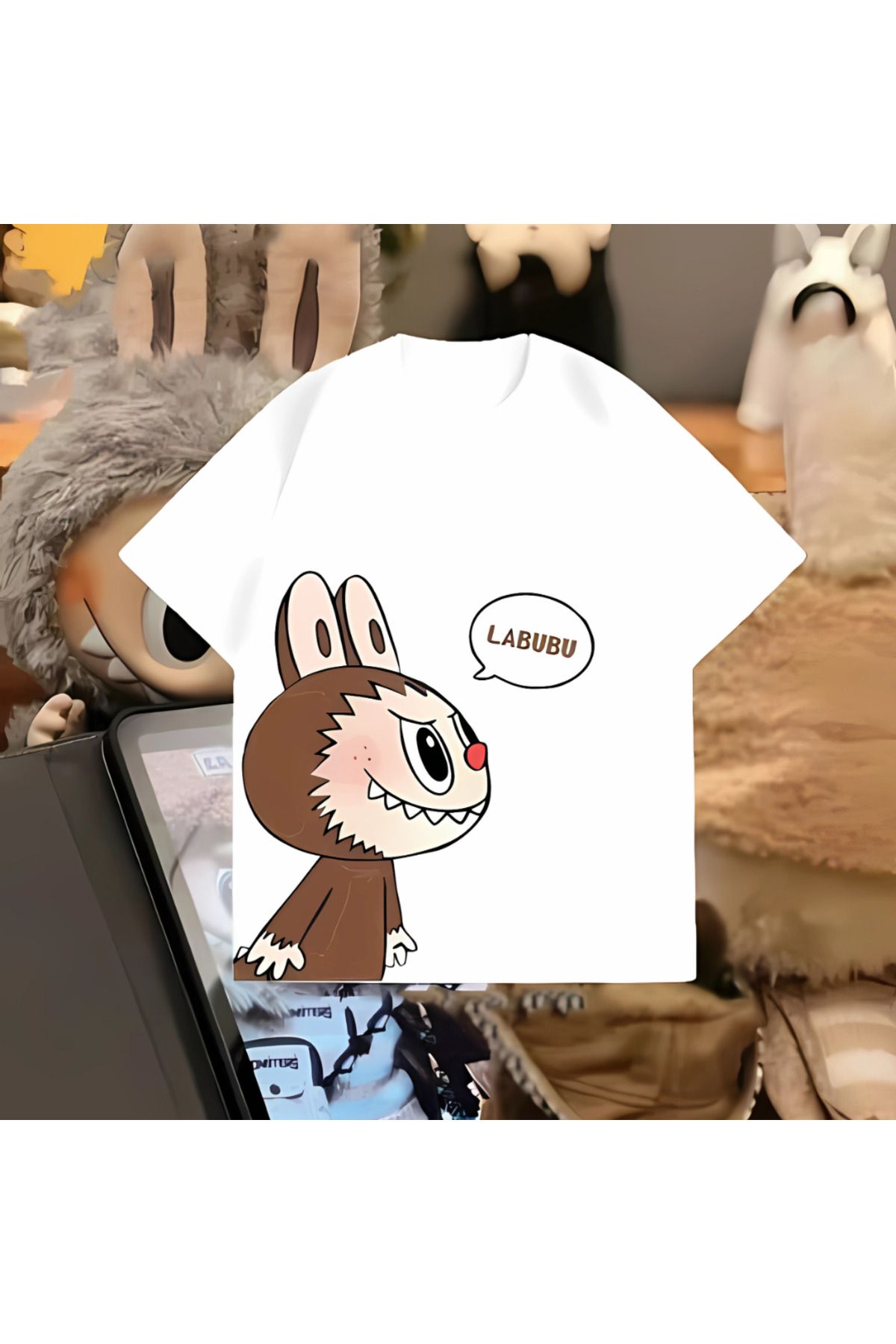 MECH BUTİK Labubu Baskılı Siyah/Beyaz Unisex Kadın/Erkek Tişört T-shirt
