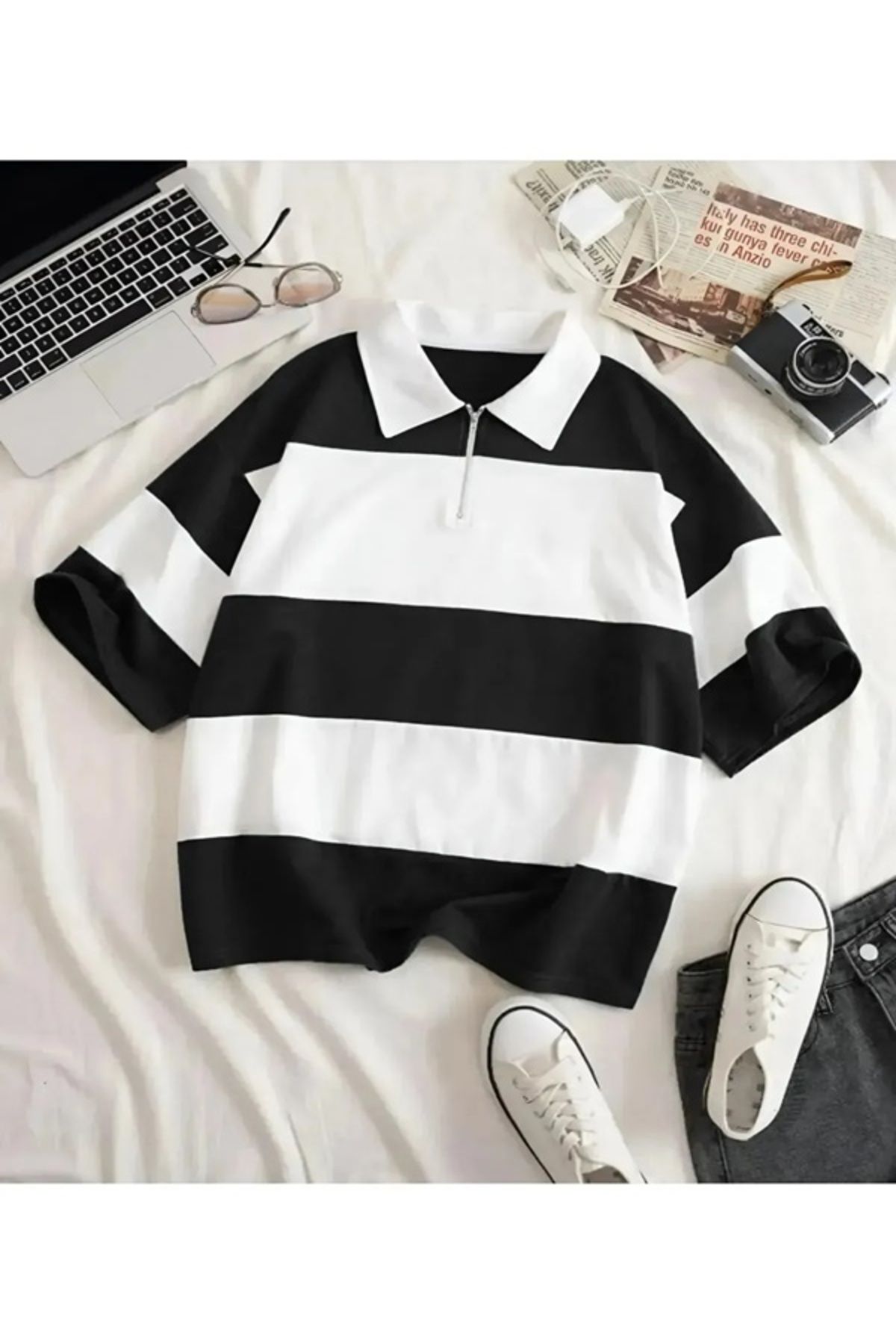 EXPECTED Unisex Oversize Polo Yaka Fermuarlı Parçalı Polo Tişört